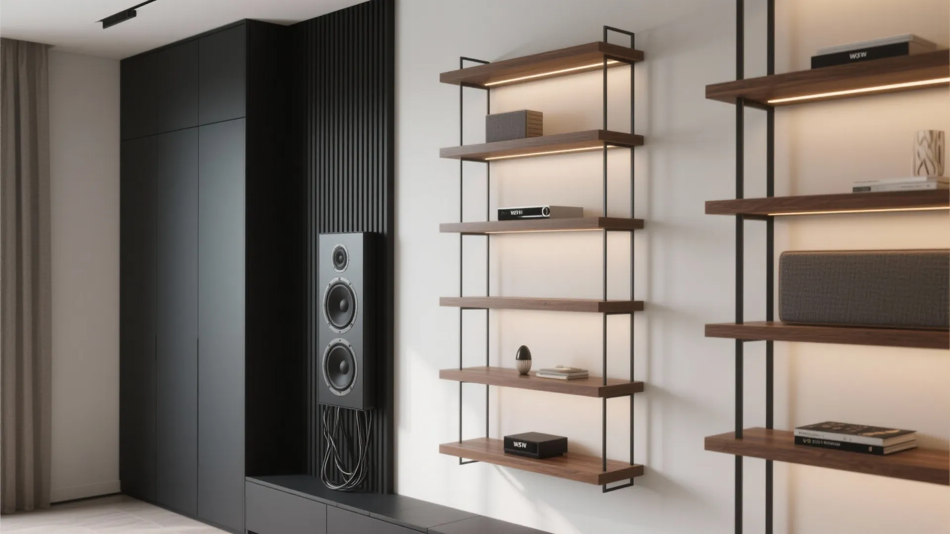 Modern black wall cabinet next to wooden open shelves with light fixtures and large speaker