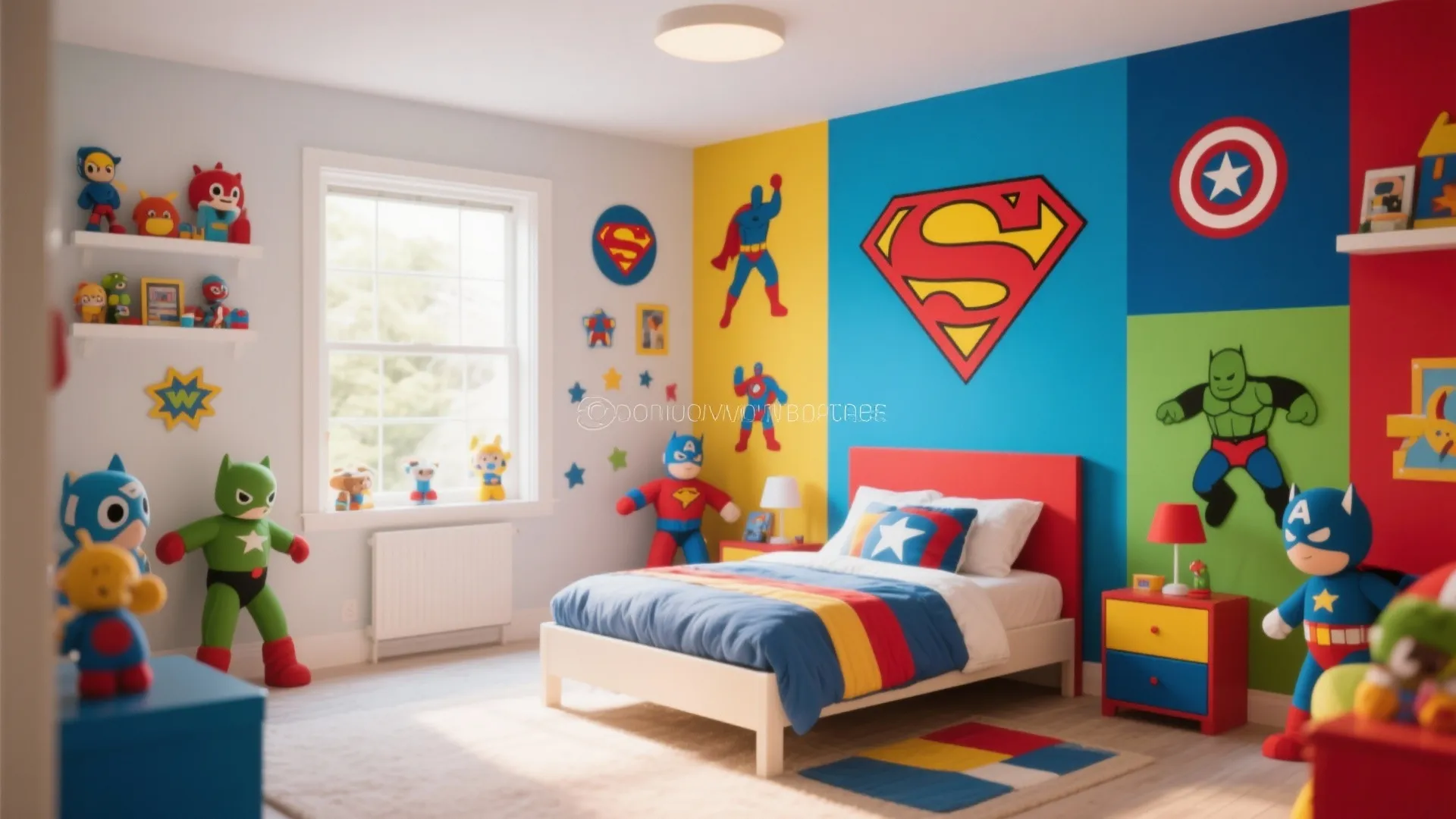 Colorful superhero themed kids bedroom with Superman logo, blue bed, toys, and natural window light