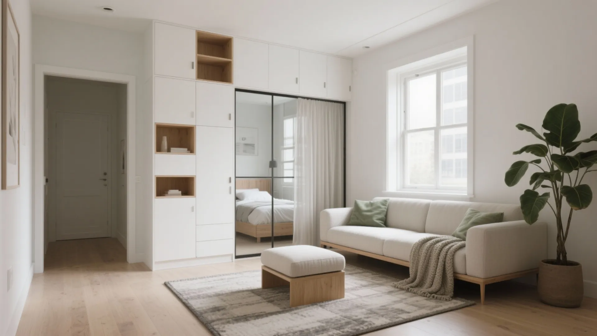 Bright living room with white sofa footrest rug large plant and wardrobe with mirror doors