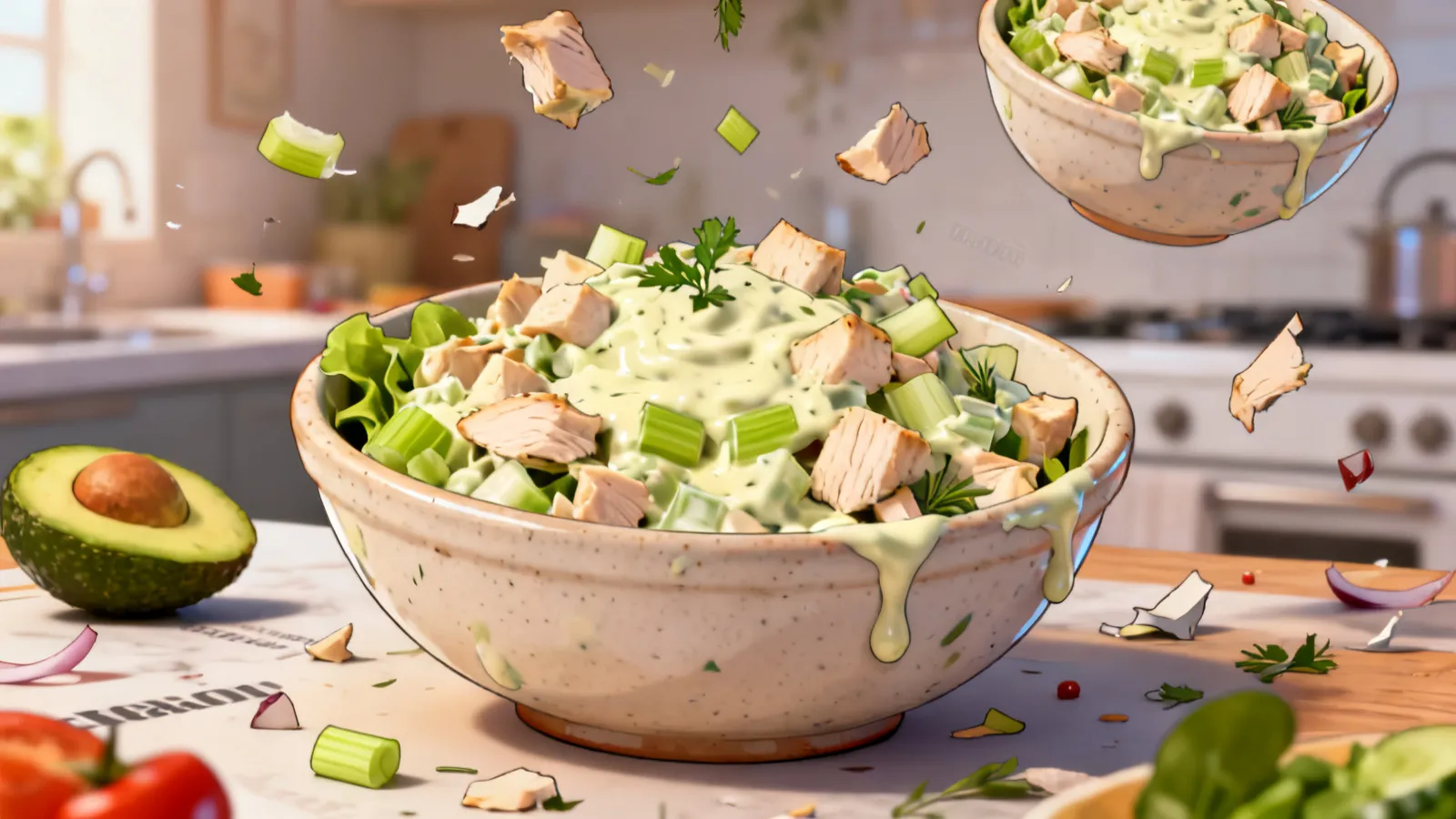 Chicken salad made with avocado oil mayonnaise in a bowl