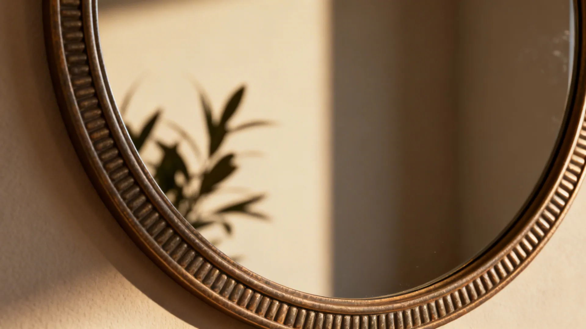 Round mirror reflecting a plant and a softened corner instead of a doorway to reduce sharp energy.