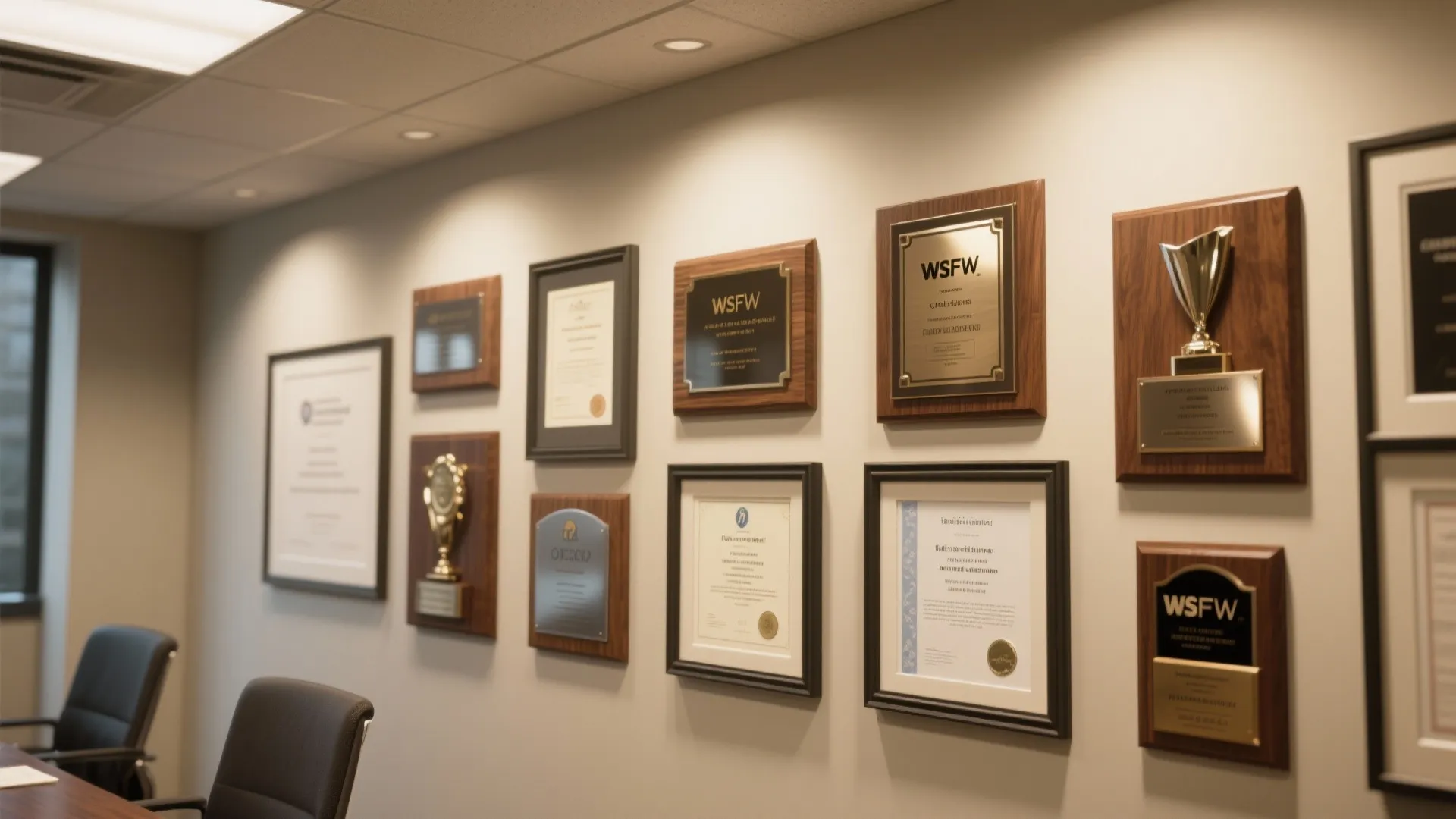 Office meeting room wall decorated with many framed certificates and wooden plaques with gold trophies