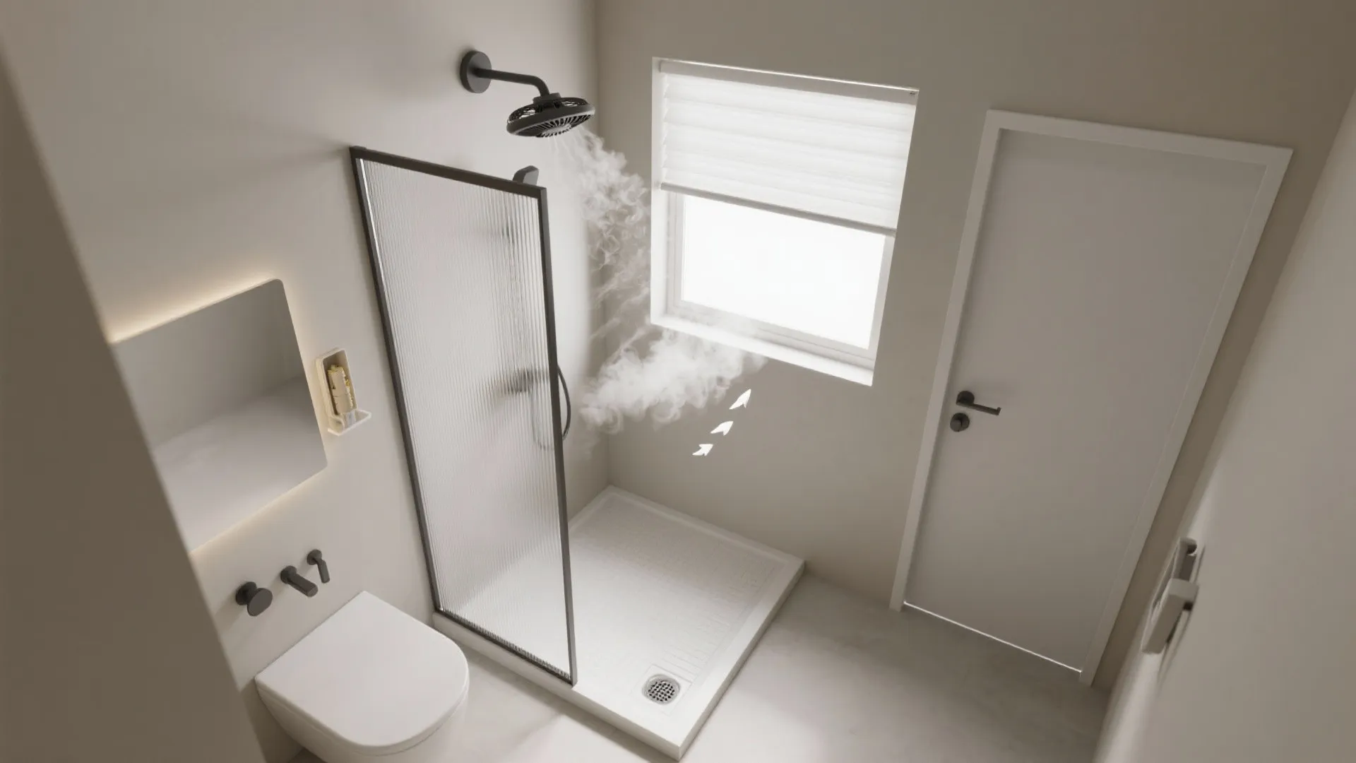Top view of bathroom interior design drawing with shower toilet sink window and white door