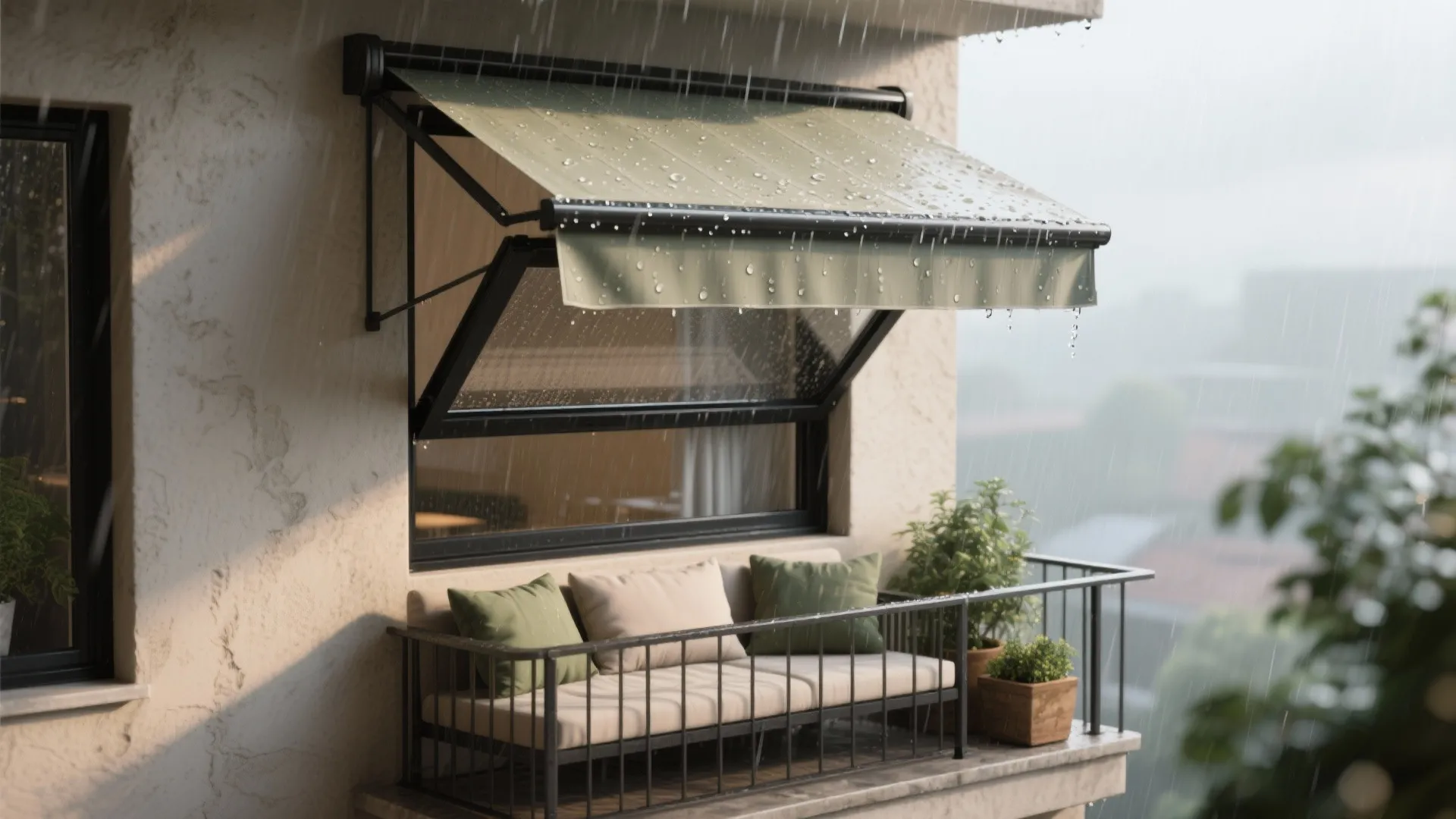 Cozy balcony with a sofa and green pillows under a green window cover during rain