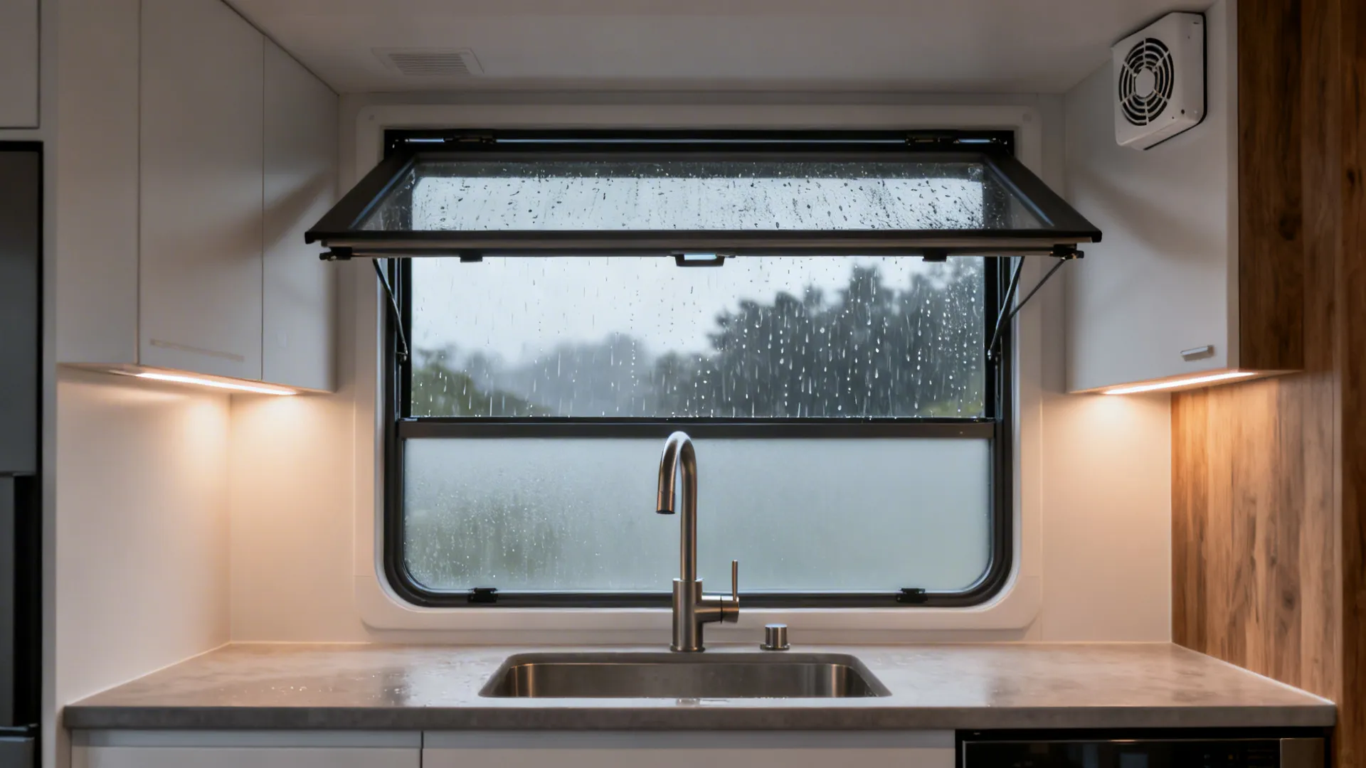 Top-hung awning window above a sink with an upper-corner exhaust fan during light rain.