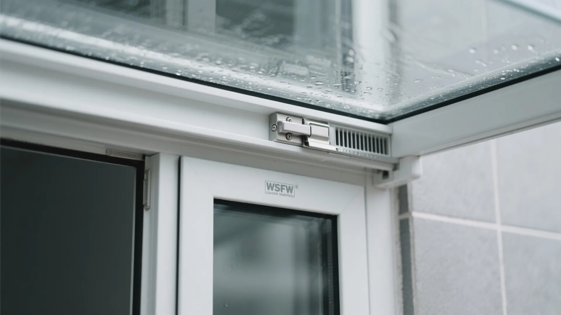 Macro detail of UPVC awning frame with integrated exhaust grille and stainless hinge.