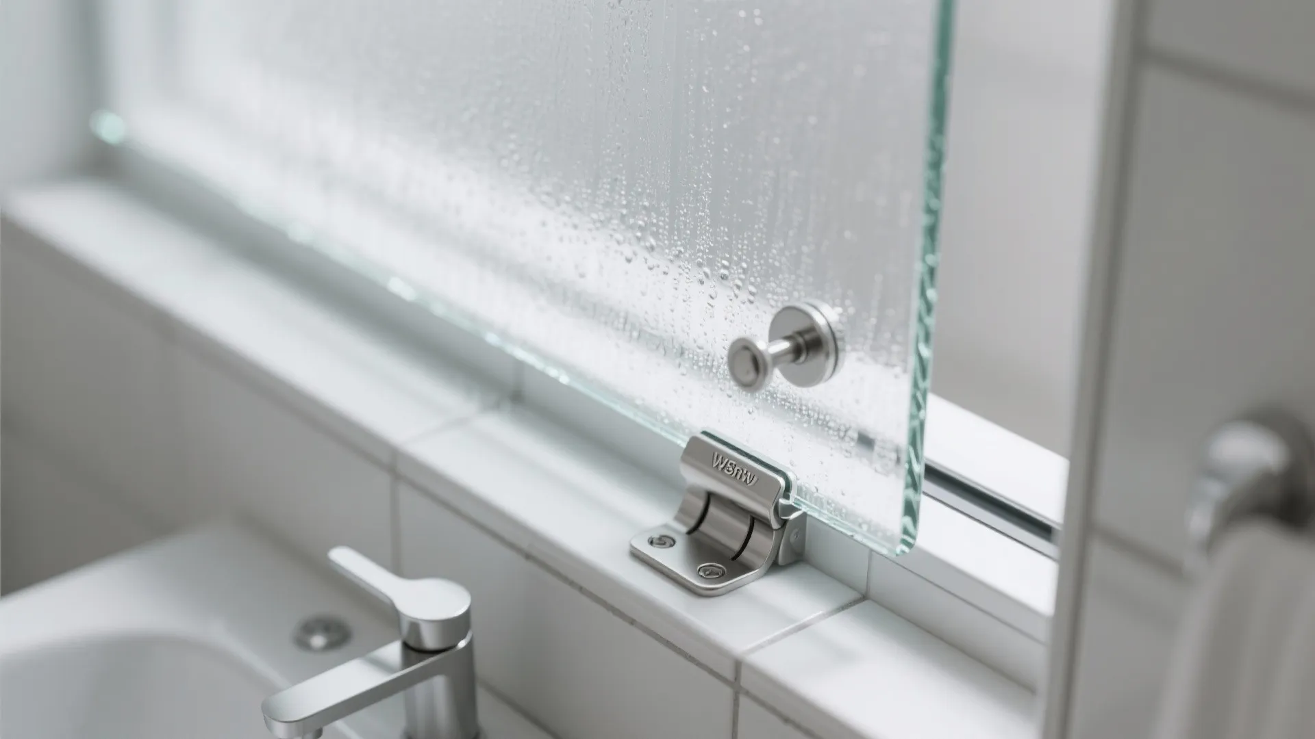Close up of a glass window with water drops and metal hardware in white bathroom