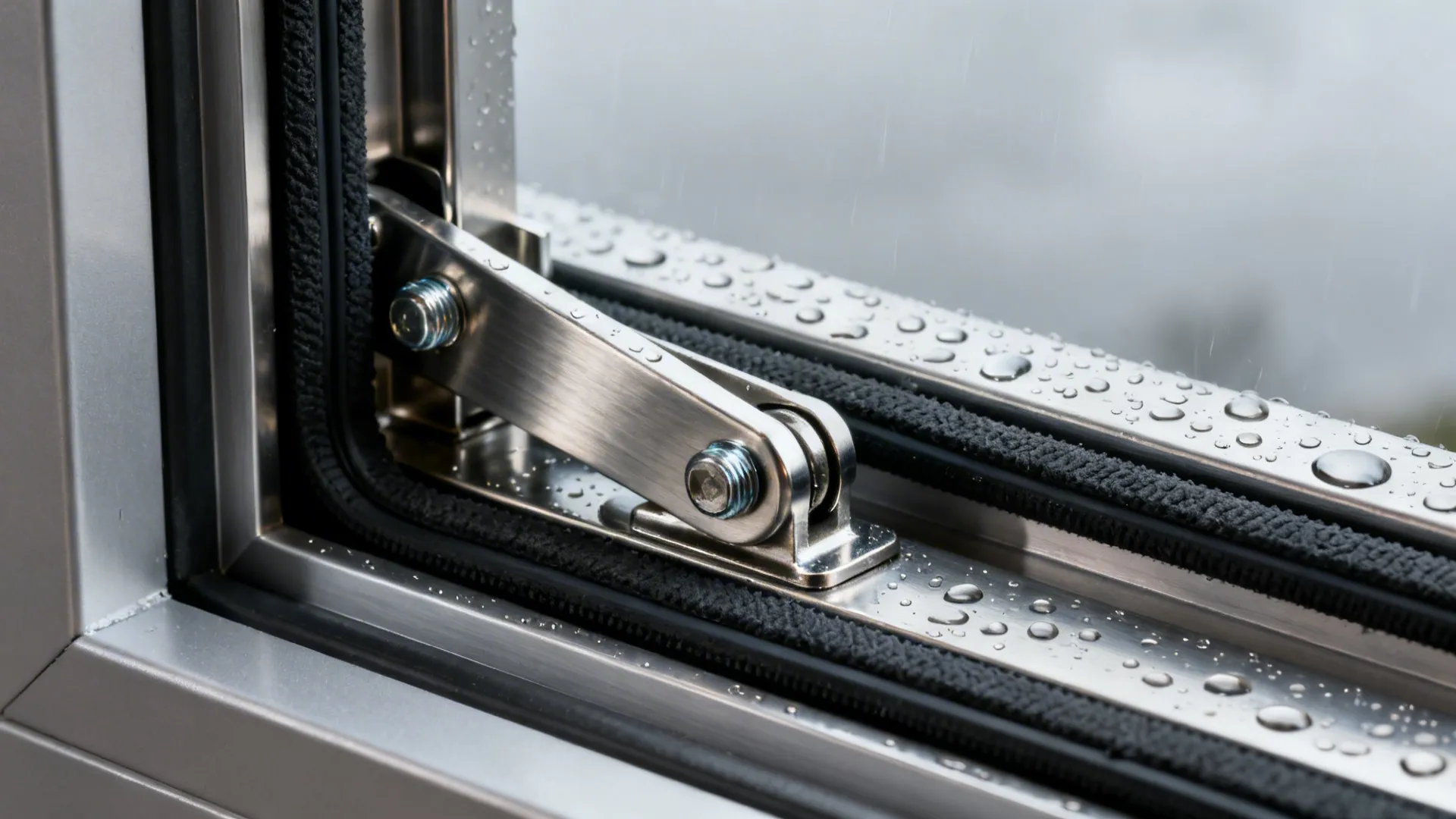 Macro of awning window hinge and stay with raindrops and rubber gaskets.