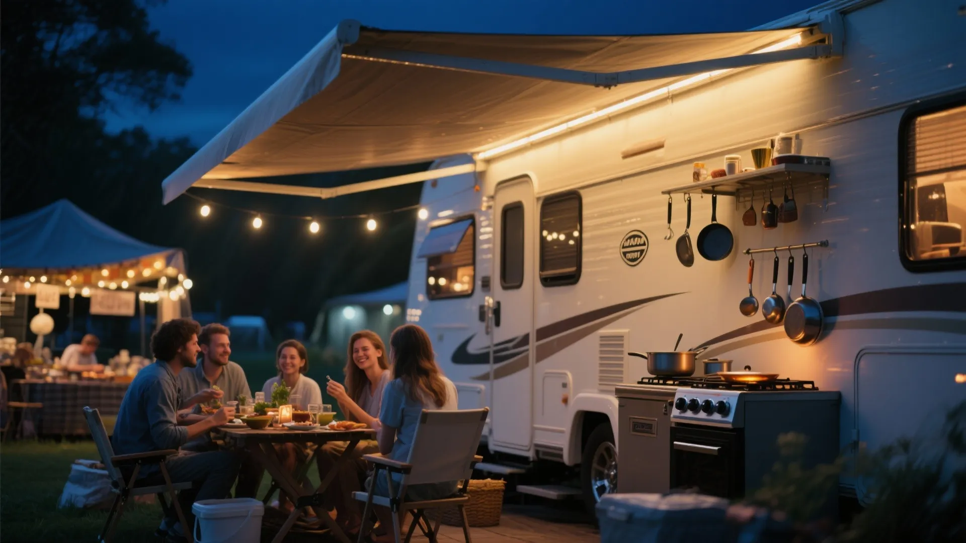 Friends eating at outdoor table under camper van awning with lights and kitchen at night