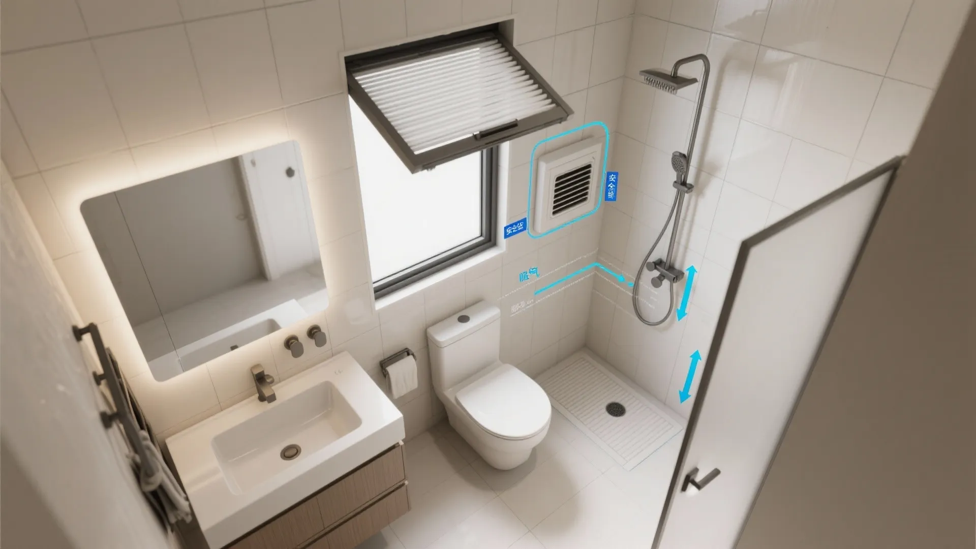 Top-down layout illustrating awning window swing clearances and ventilation flow in a small bathroom.