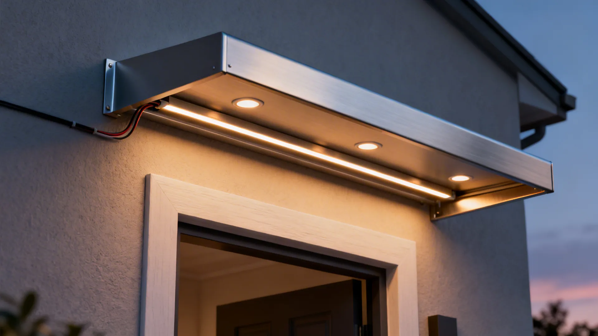 Slim aluminum awning with recessed LED strips providing shelter and warm lighting over a small porch.