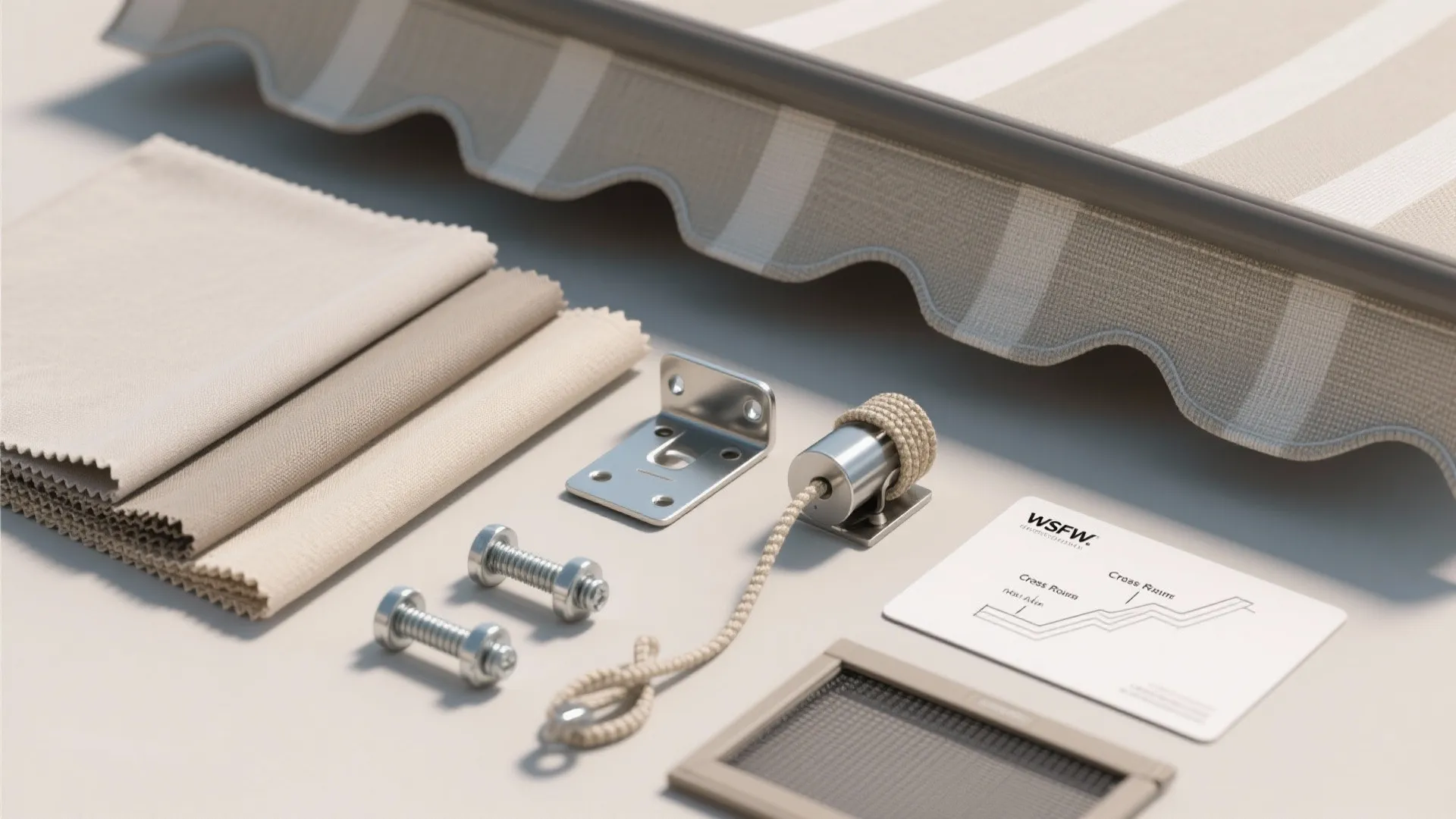 Awning installation kit with striped fabric samples metal brackets screws and a grey mesh screen