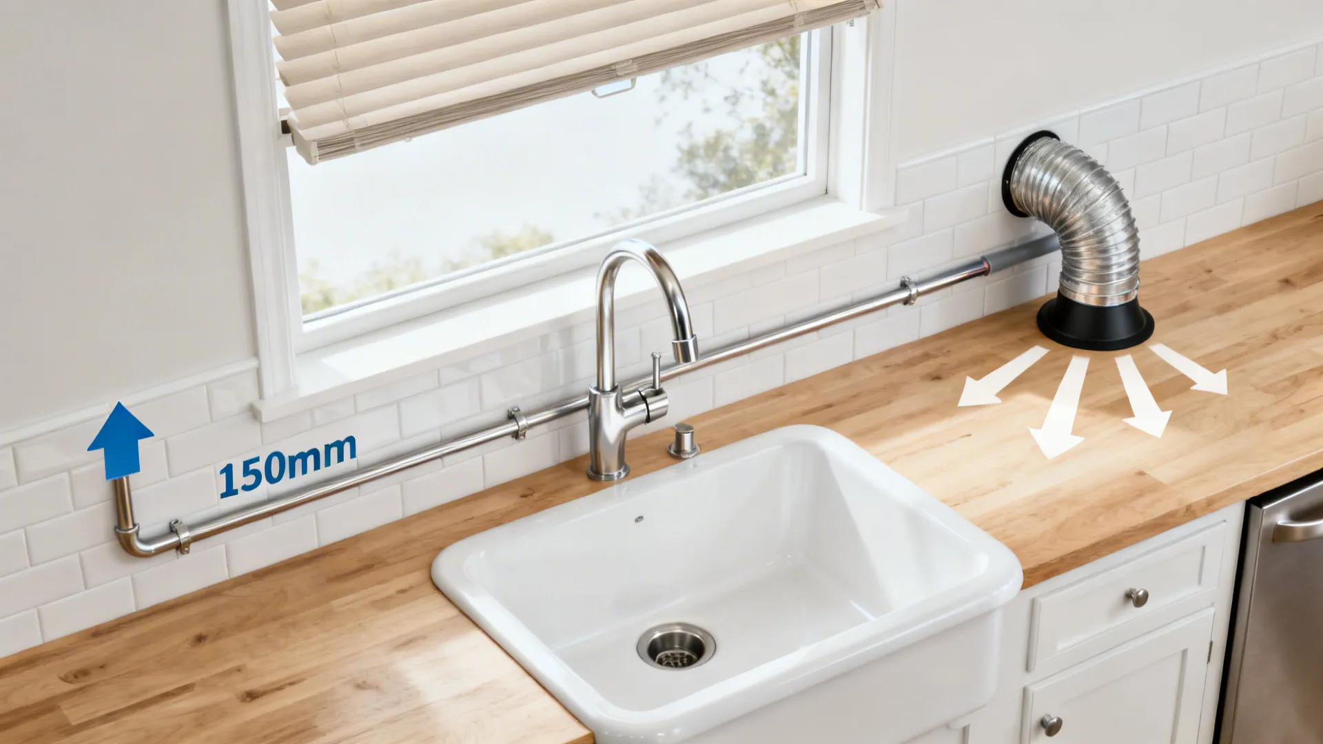 Top-down layout showing an awning window over a sink with a sidewall duct route to the exterior.