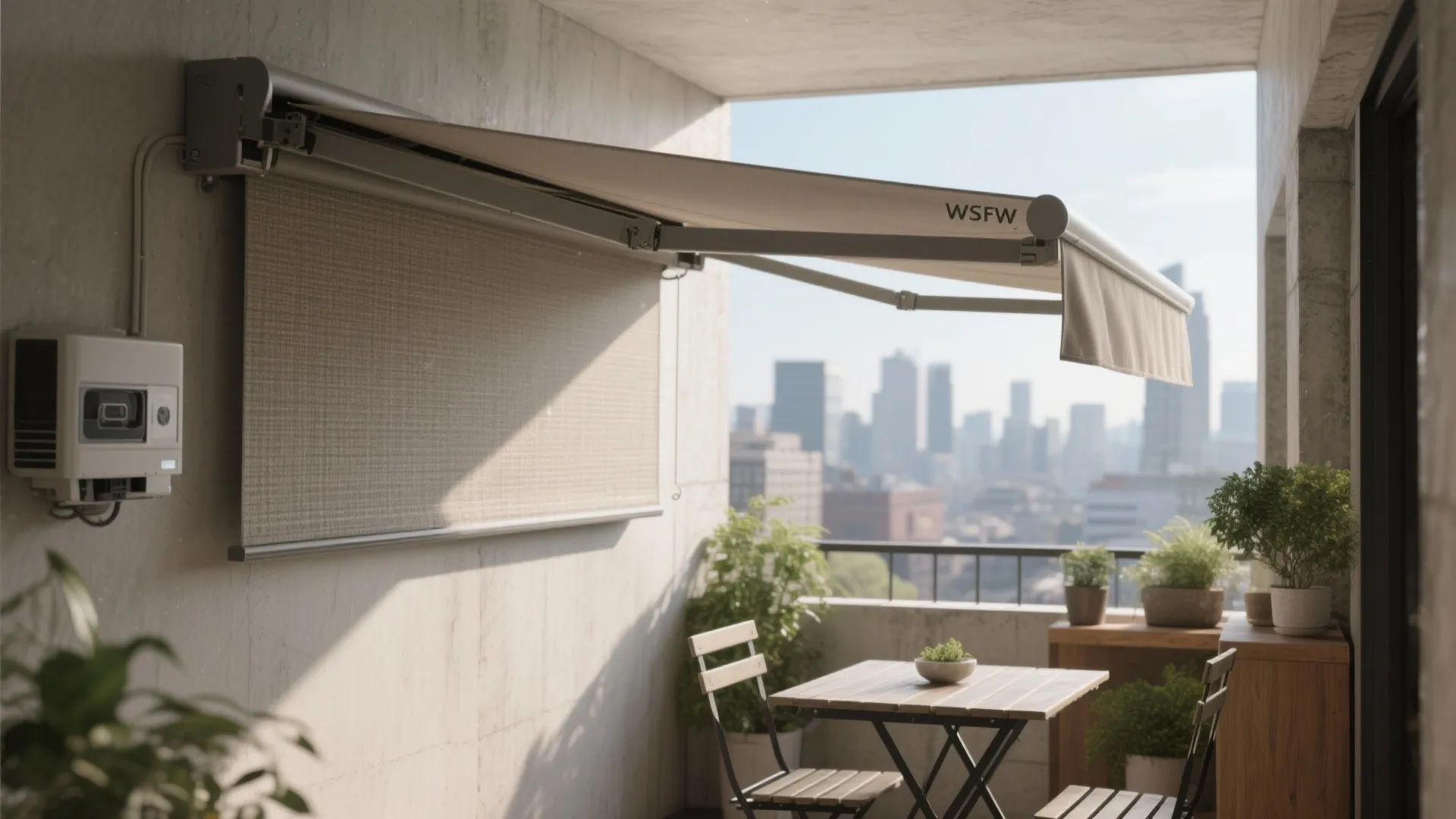 Retractable balcony roof shade with side curtain wooden table and chairs overlooking a city landscape