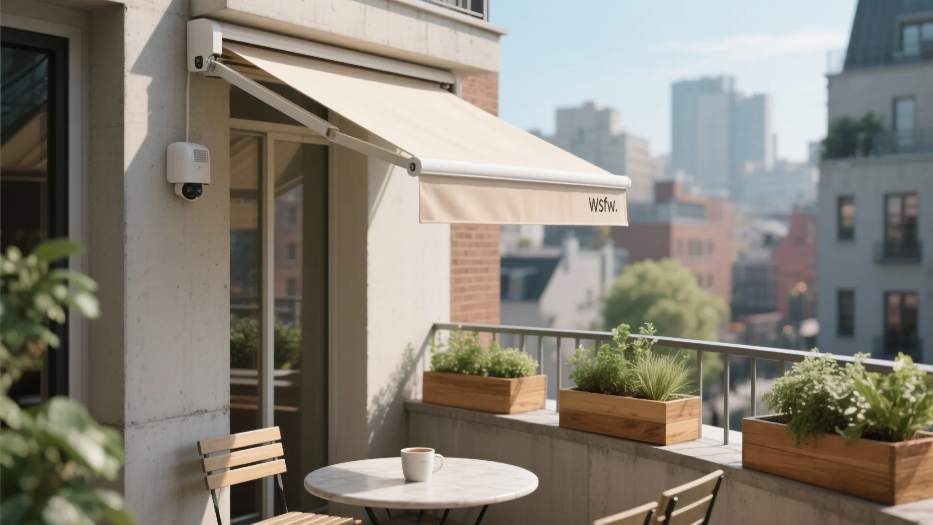 Retractable fabric sun shade over small balcony table with coffee cup and wooden plant boxes