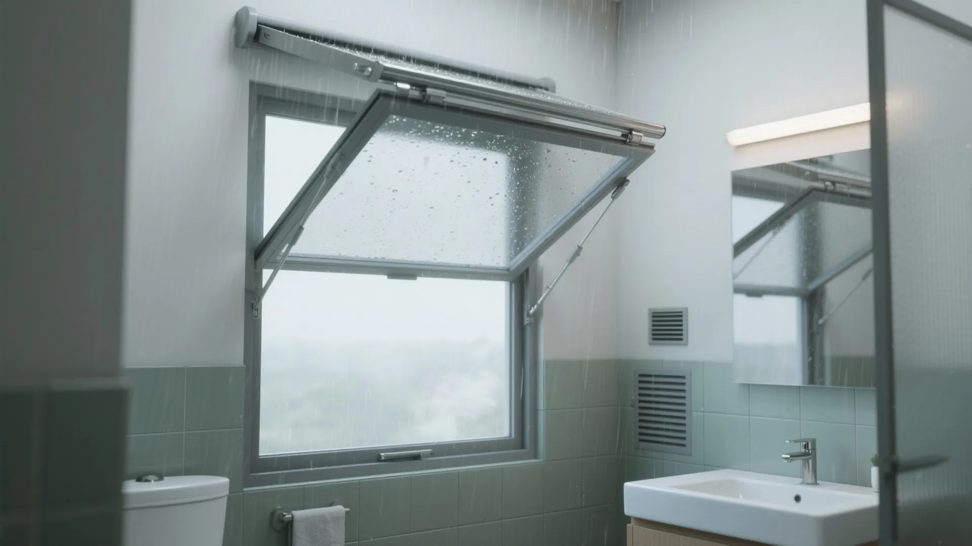 Modern bathroom window open during rain with wet glass toilet sink and green wall tiles