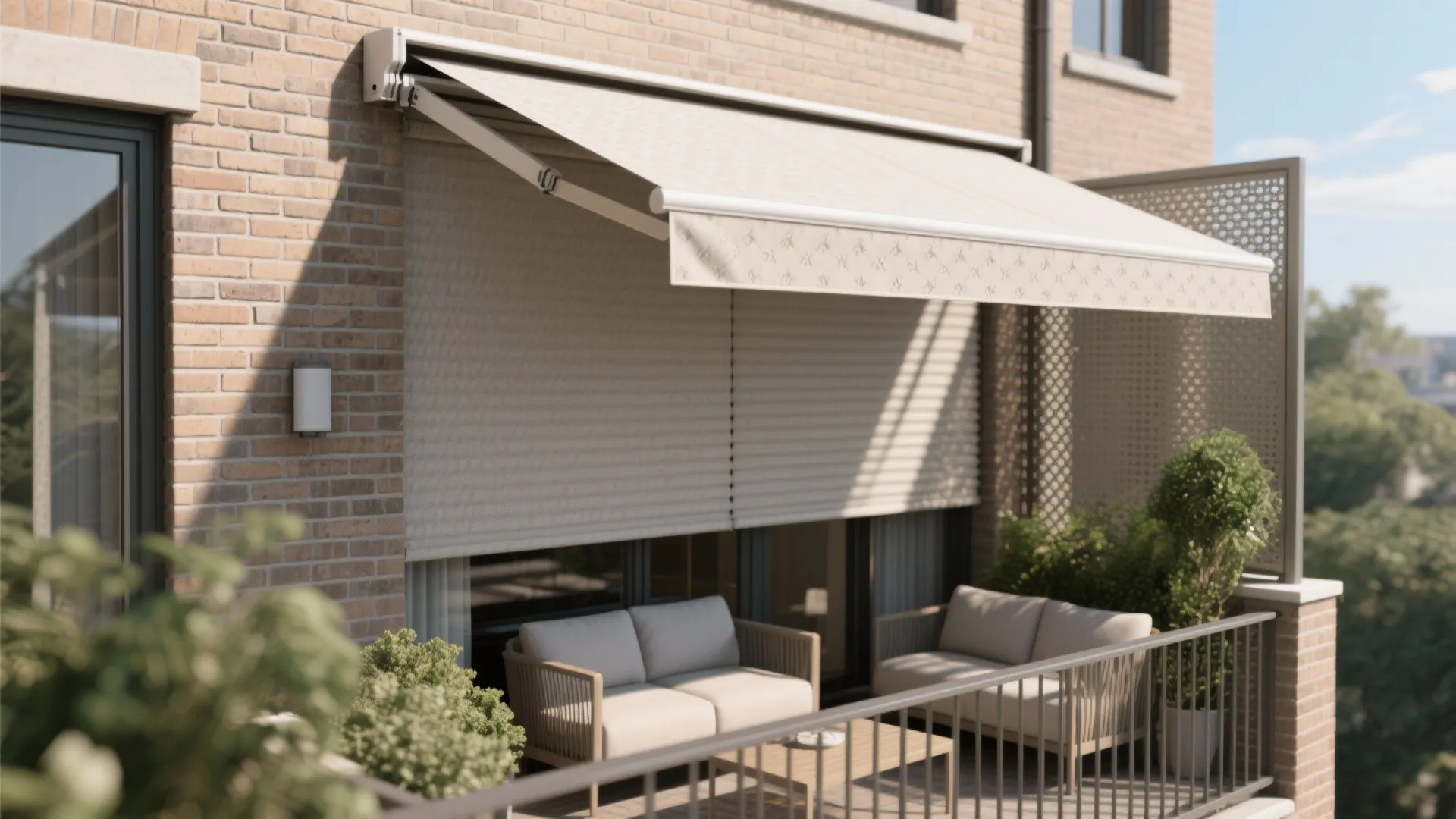Outdoor balcony featuring retractable fabric awning vertical shade two sofas small table and brick wall
