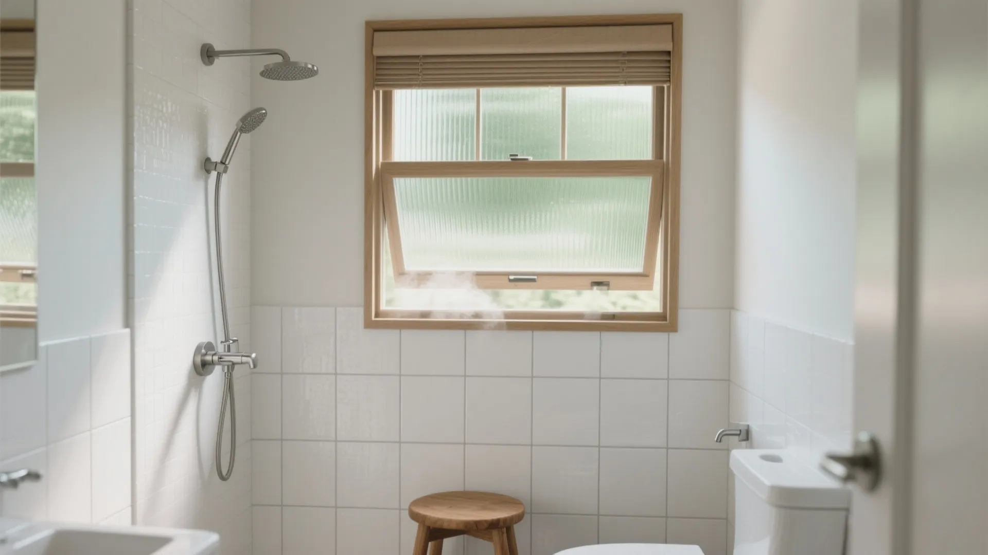 Bright bathroom with open wood frame window steam escaping shower head white tiles and stool