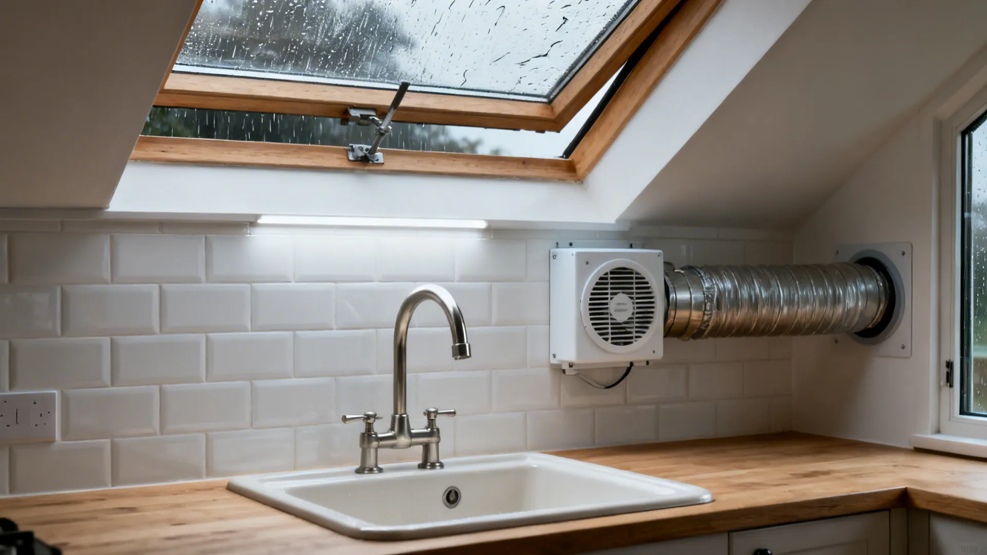 Awning kitchen window above a farmhouse sink with a ducted sidewall exhaust and exterior cap.