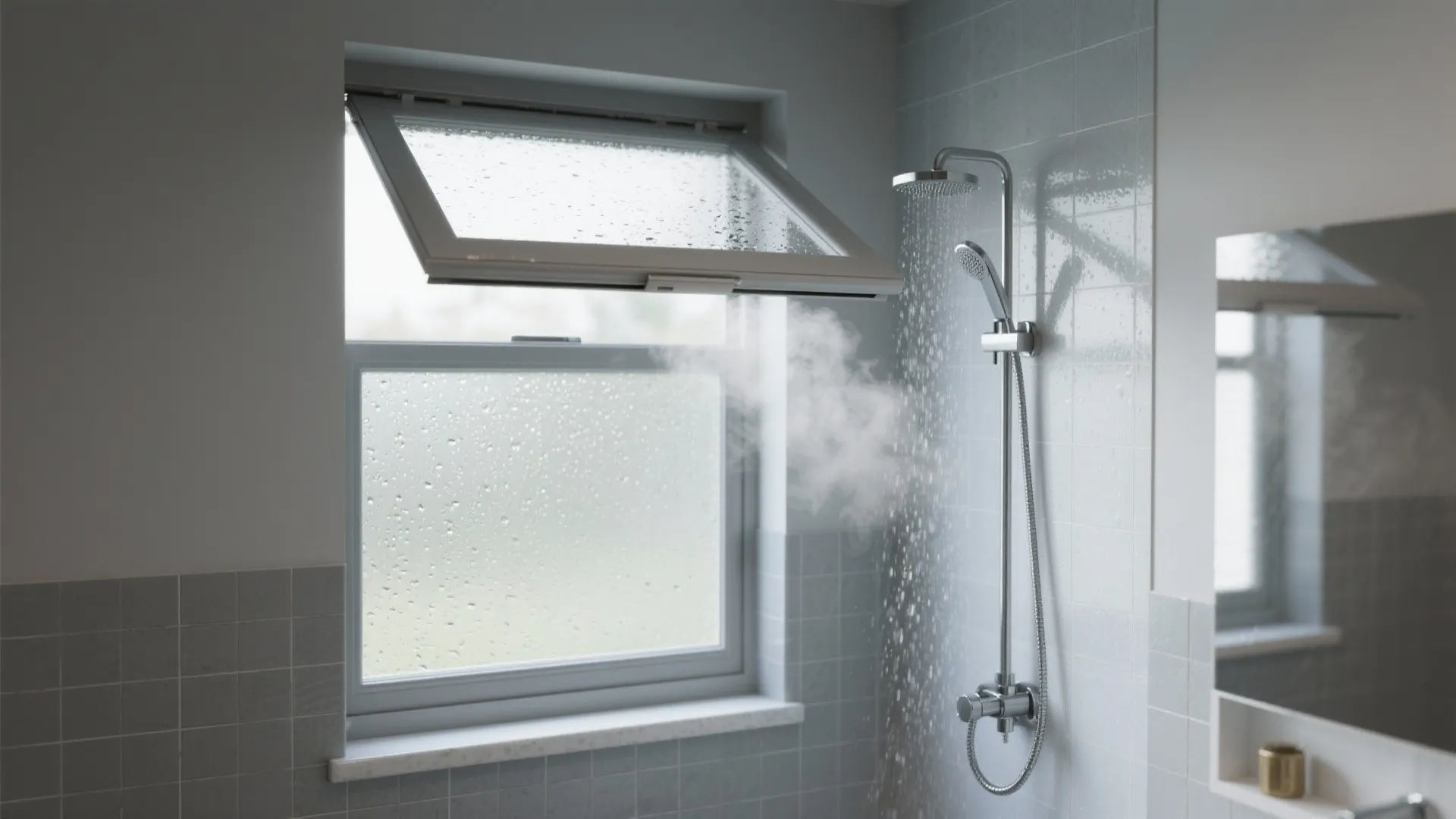 Modern bathroom window open to release steam while water runs from a chrome shower head