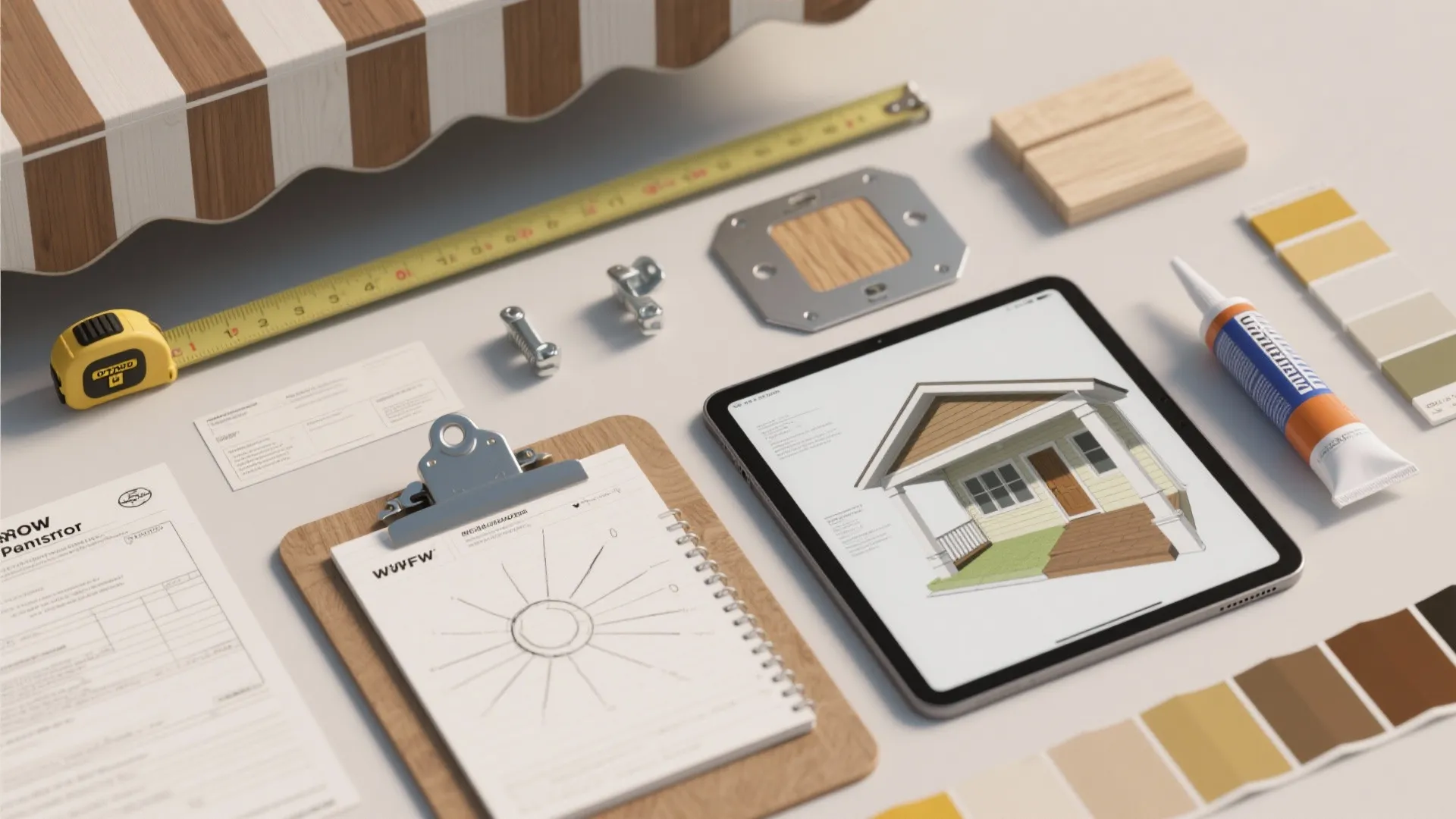 Top-down flatlay of awning planning tools and permit paperwork including tape measure, hardware, and a 3D porch plan on a tablet.