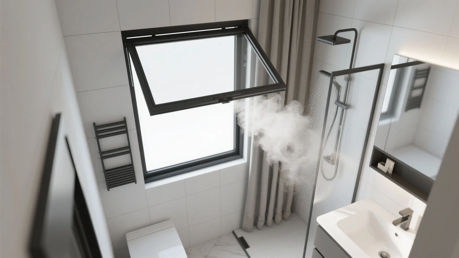 Modern bathroom interior design showing an open black frame window with steam from the shower