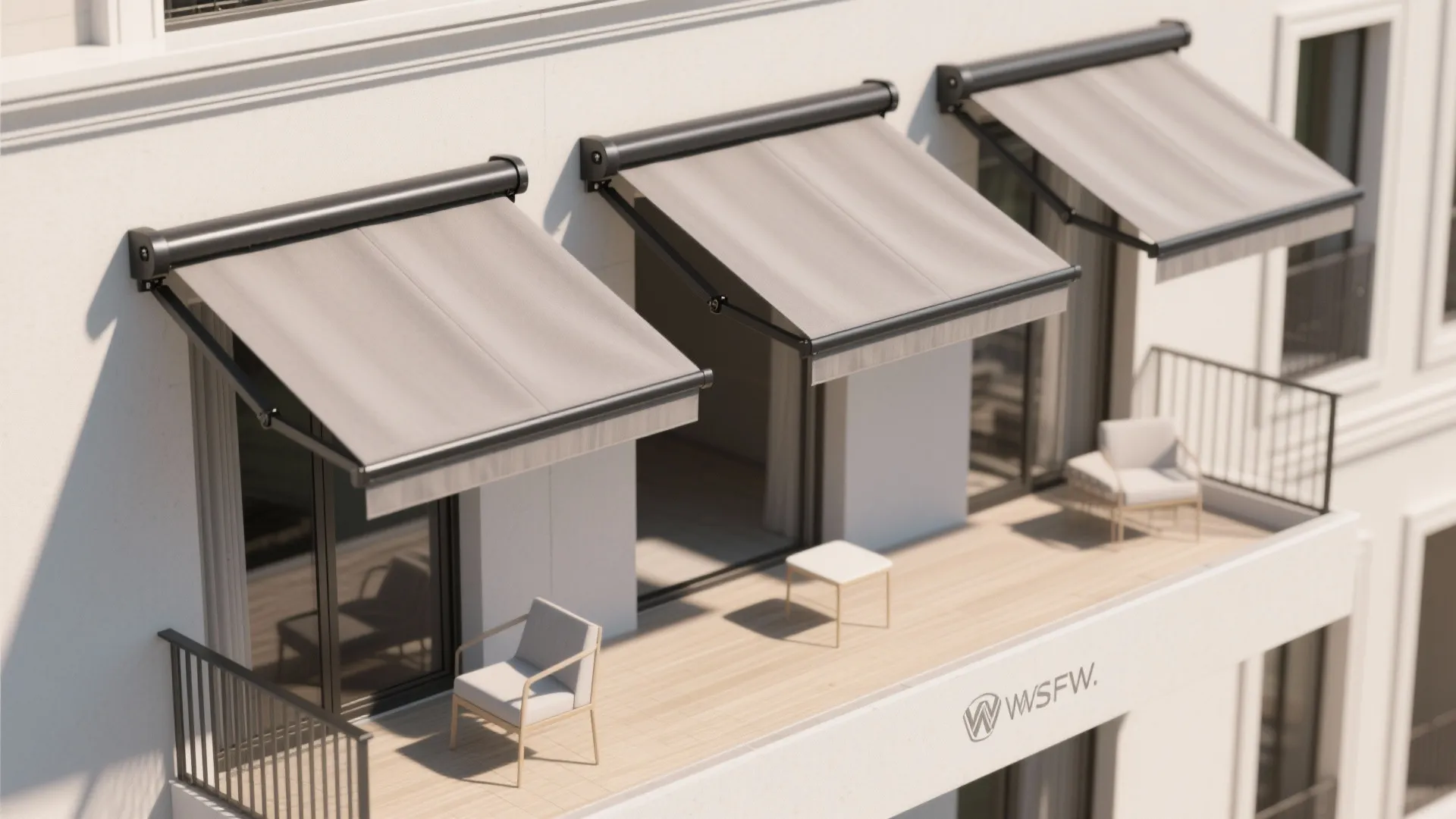 Top down view of three grey retractable awnings installed on white wall over long balcony