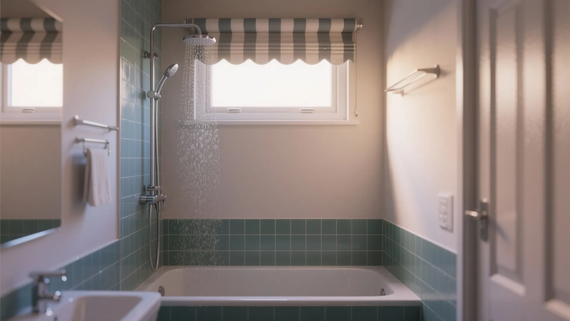 Modern bathroom with white bathtub green wall tiles silver shower head and striped window curtain