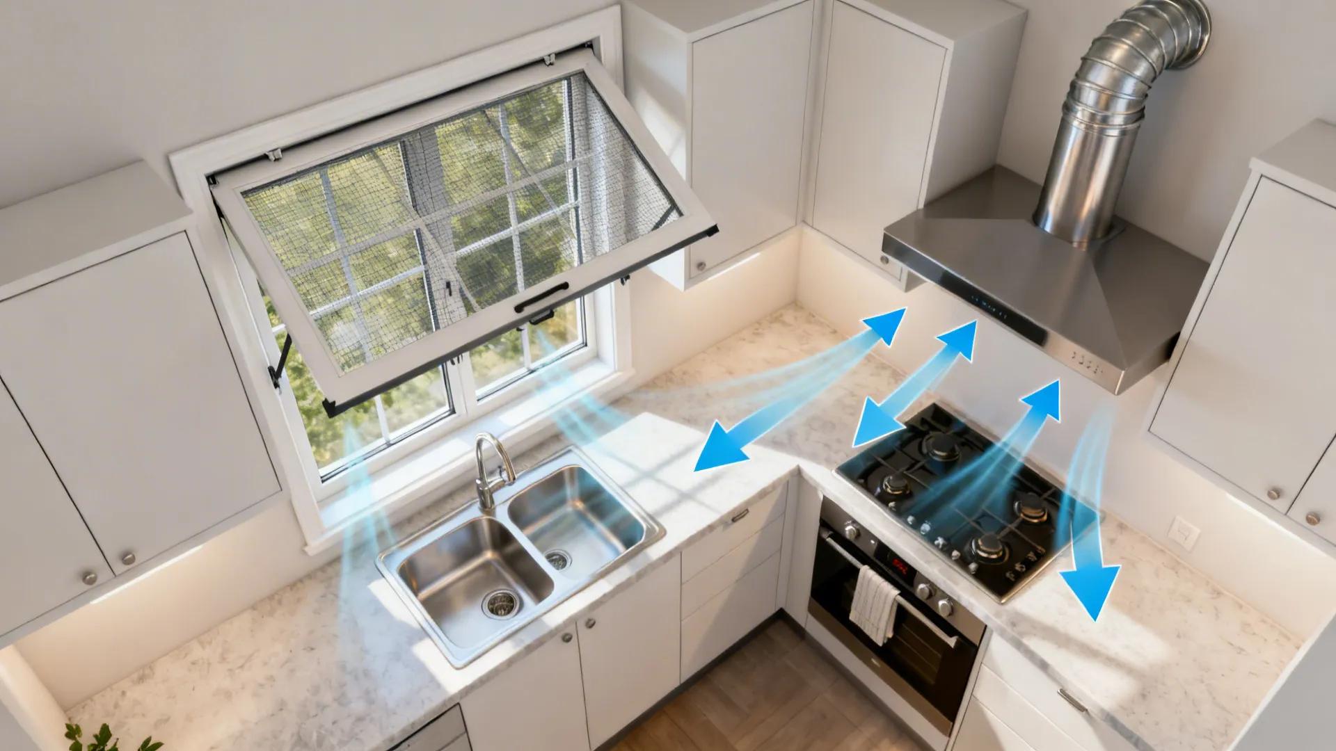 Top-down view of small kitchen showing awning window over sink and airflow to ducted hood.