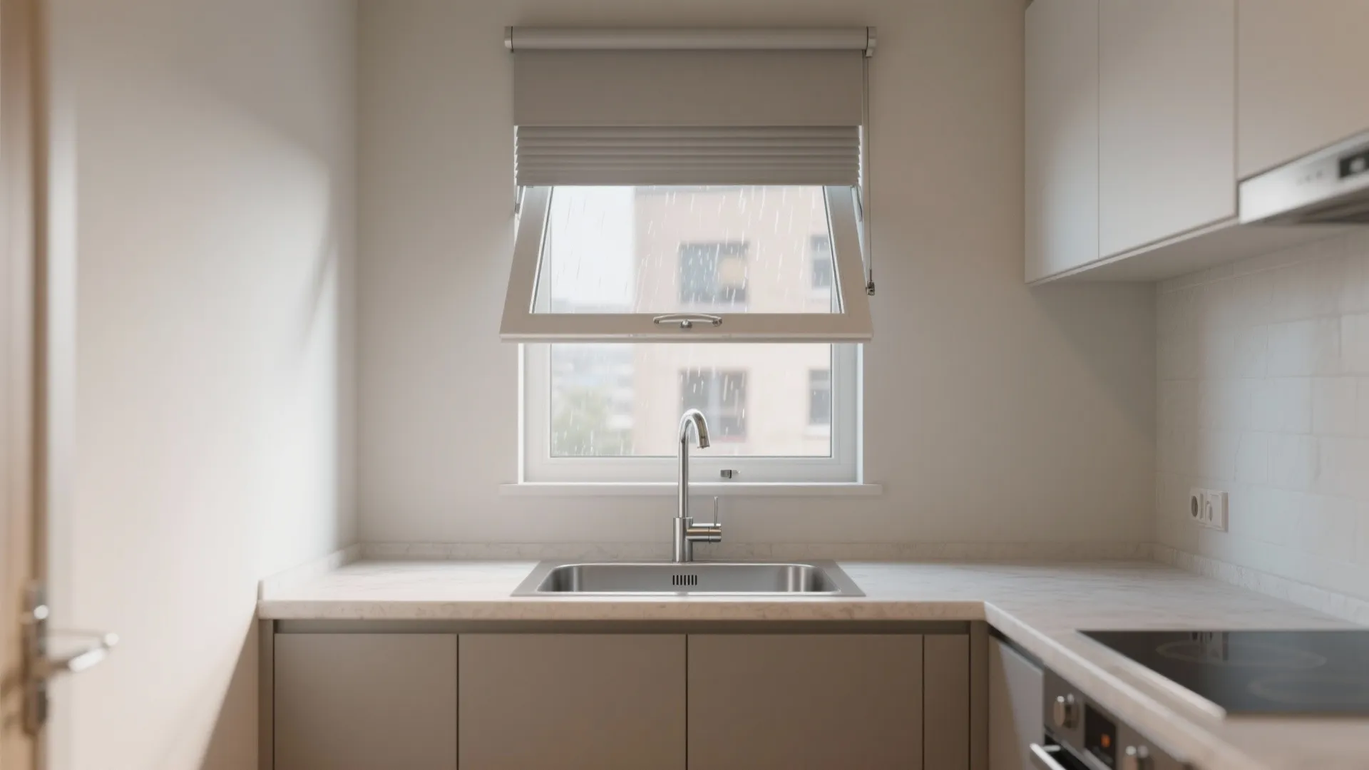 Top-hinged awning window over a sink tilted open for ventilation in a small kitchen.