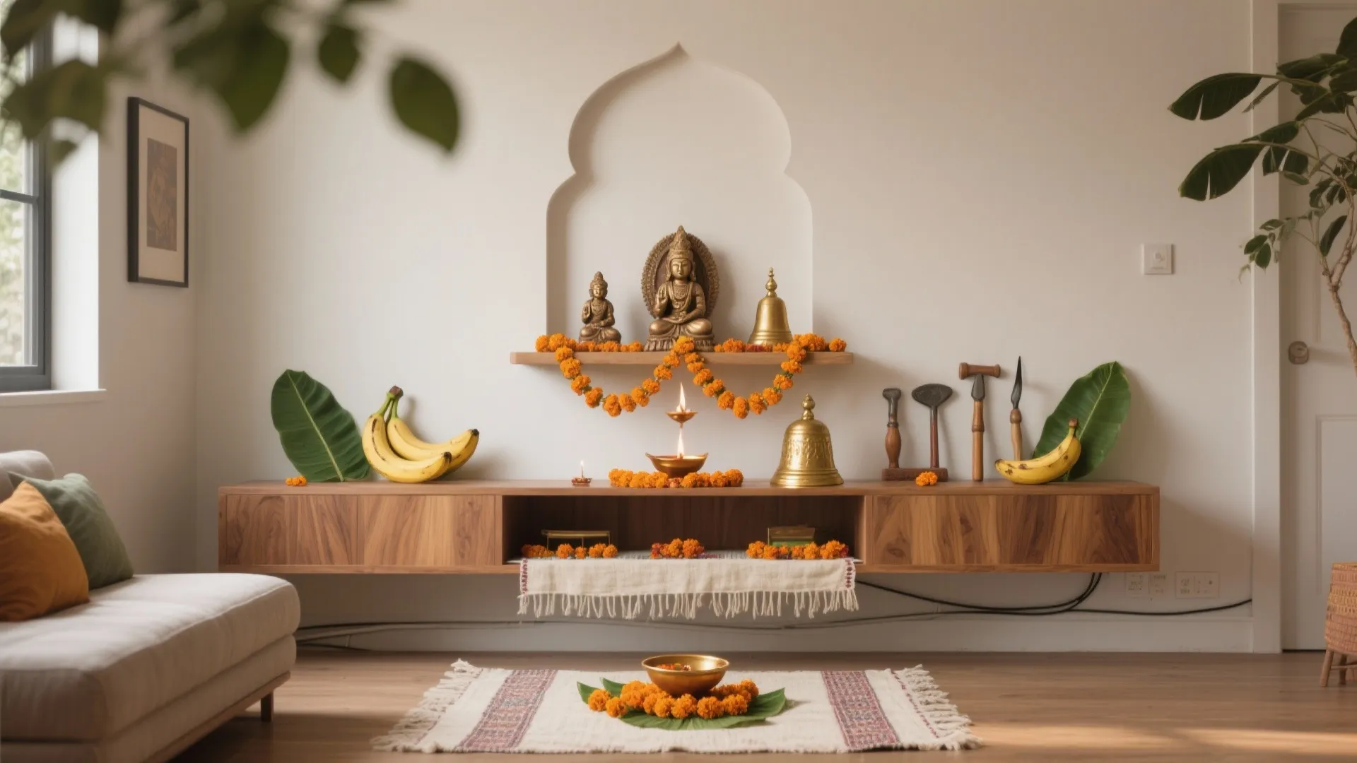 Living room with wooden cabinet holding small statues orange flower garlands green leaves and rug