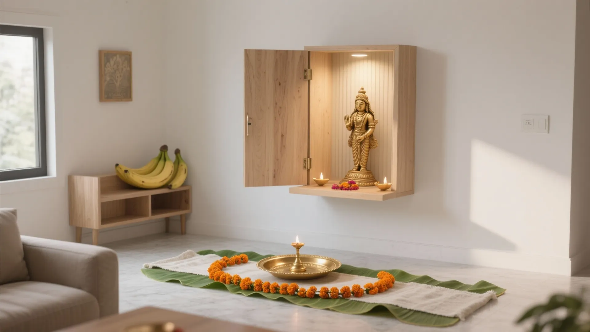 Wall mounted wooden cabinet with gold statue above floor with banana leaves and orange flowers