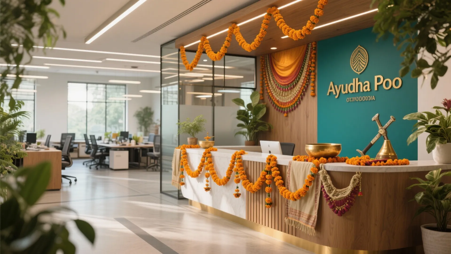 Office reception desk with orange flower garlands wooden wall panels green plants and open workspace area