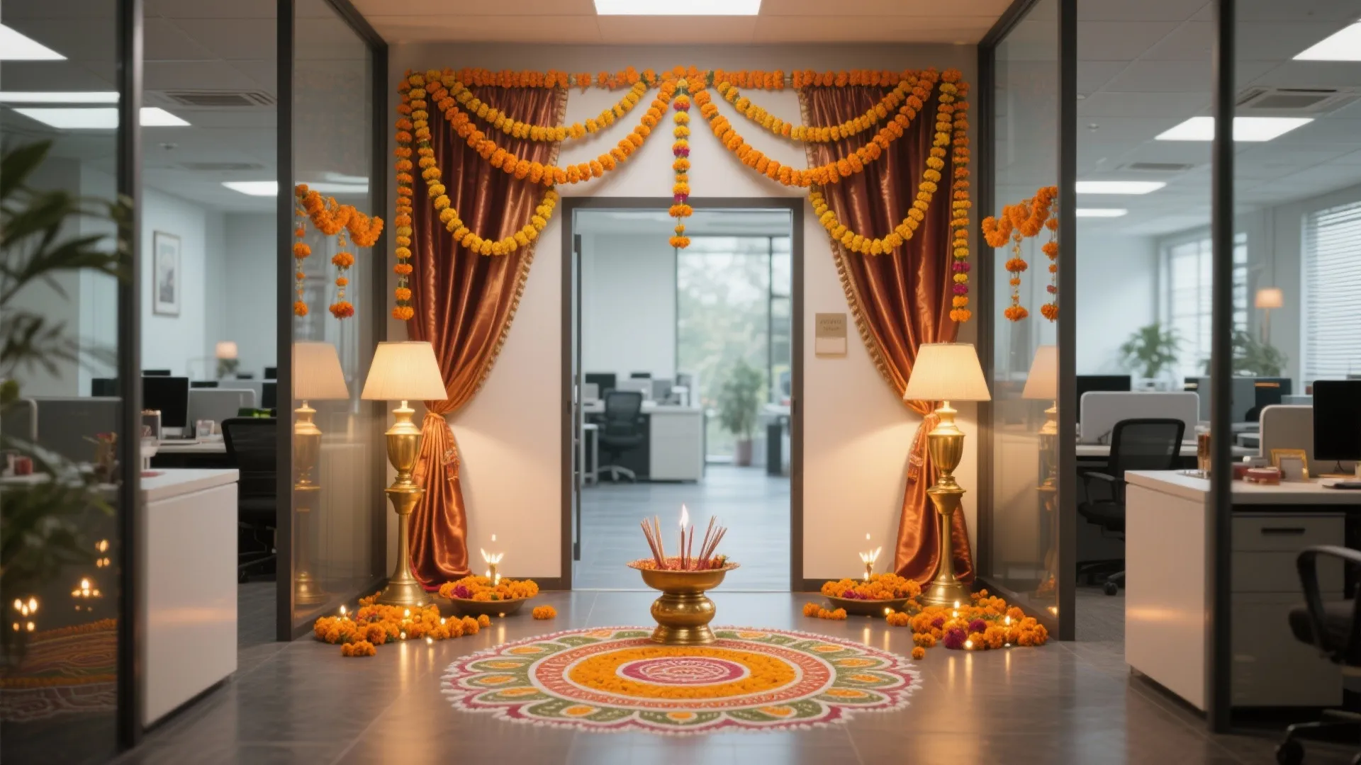 Office hallway entrance with flower pattern on floor golden floor lamps and orange floral hanging decorations