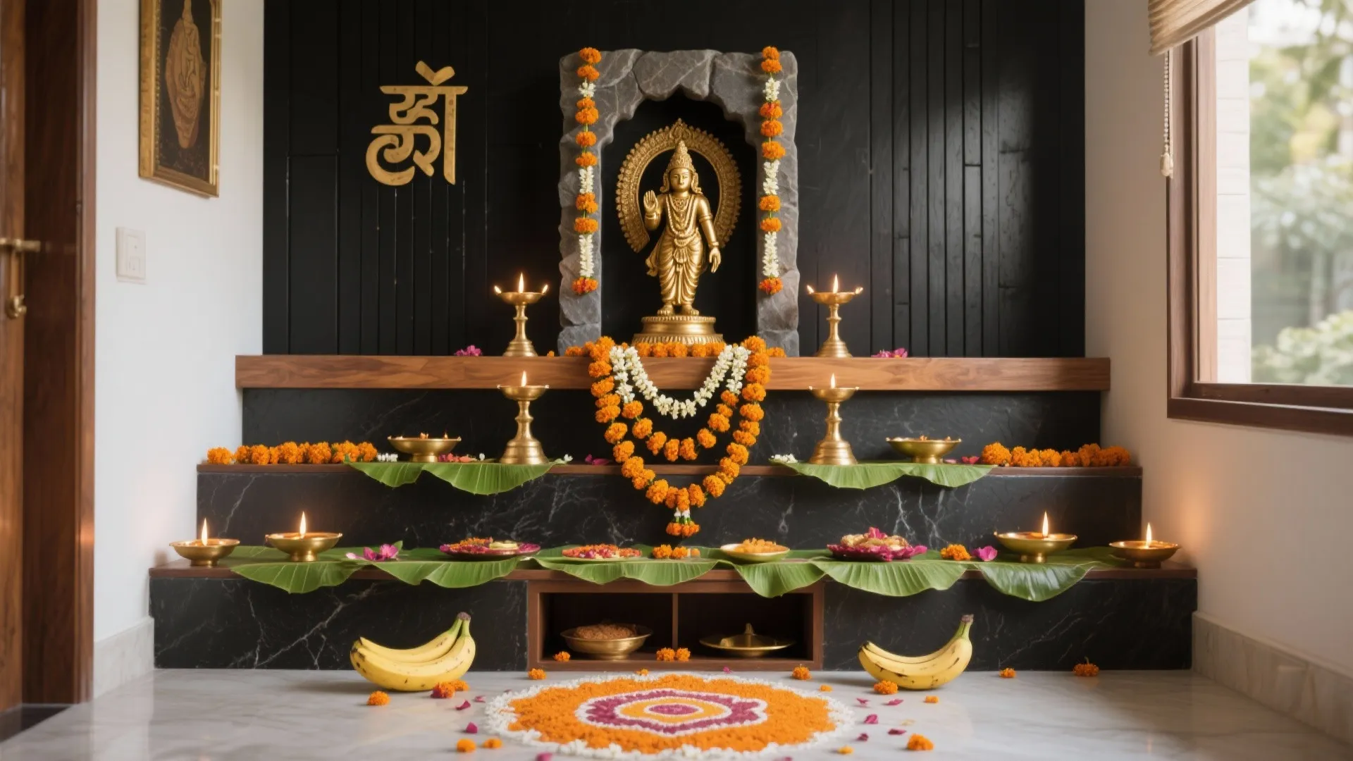 Traditional home prayer altar with a gold statue flower garlands small oil lamps and leaves