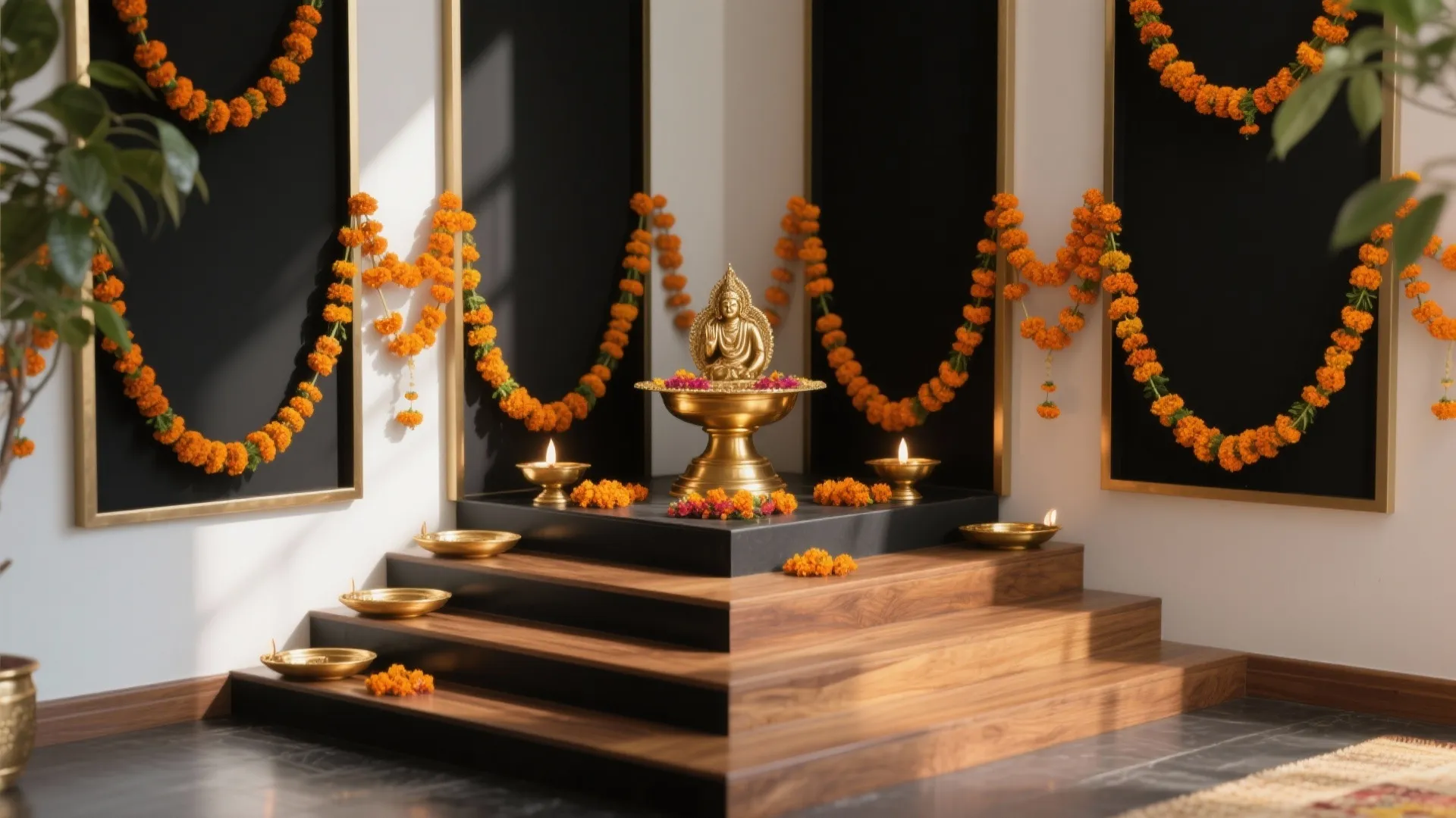 Small gold statue on wooden steps decorated with orange flower garlands and small oil lamps