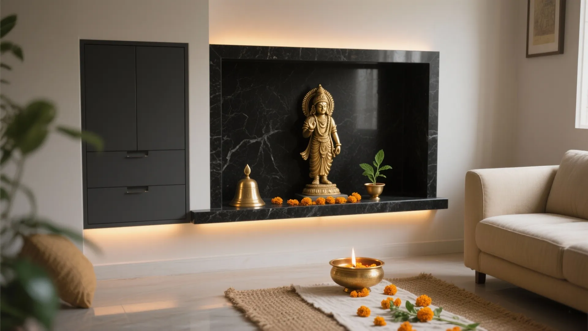Modern living room featuring black marble wall niche with golden statue beside a beige sofa furniture
