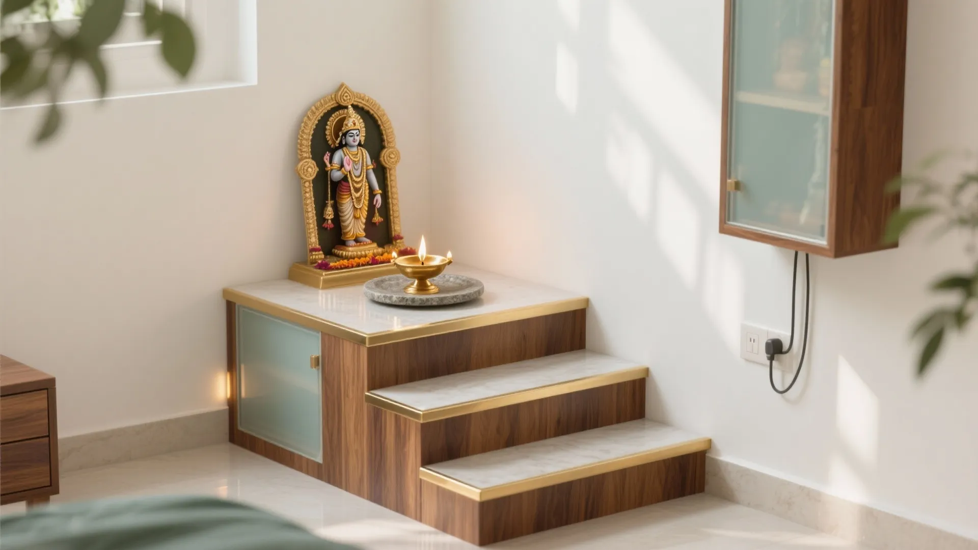 5 Ayyappa Swamy Padi Pooja Decoration Ideas: Small-space Ayyappa Swamy Padi Pooja decoration inspired by real projects: minimal steps, glass glow, L-shaped corners, warm wood, and hidden storage