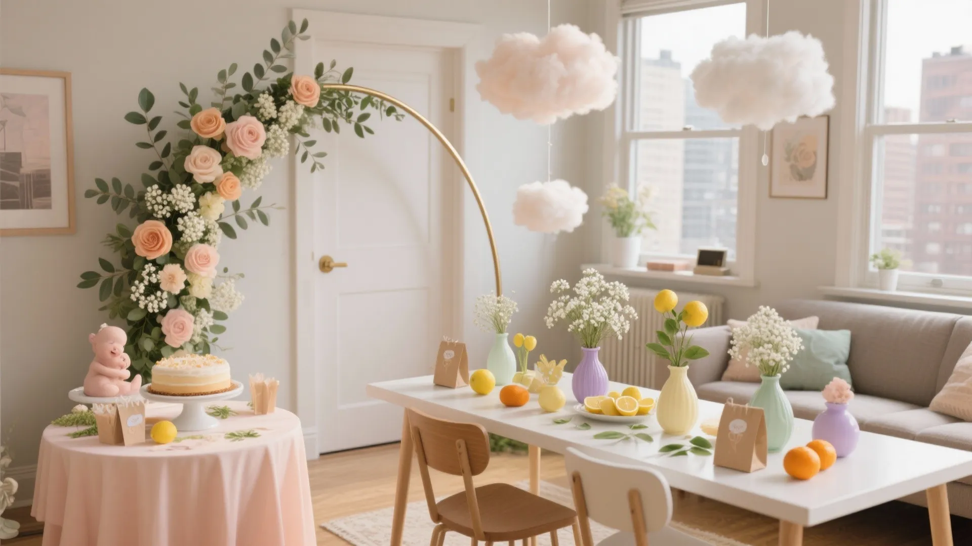 5 Baby Shower Flower Decoration Ideas That Wow: My favorite small-space floral tricks for baby showers—pastel arches, cloud ceilings, budget tablescapes, and sustainable take-home favors you can actually pull off.