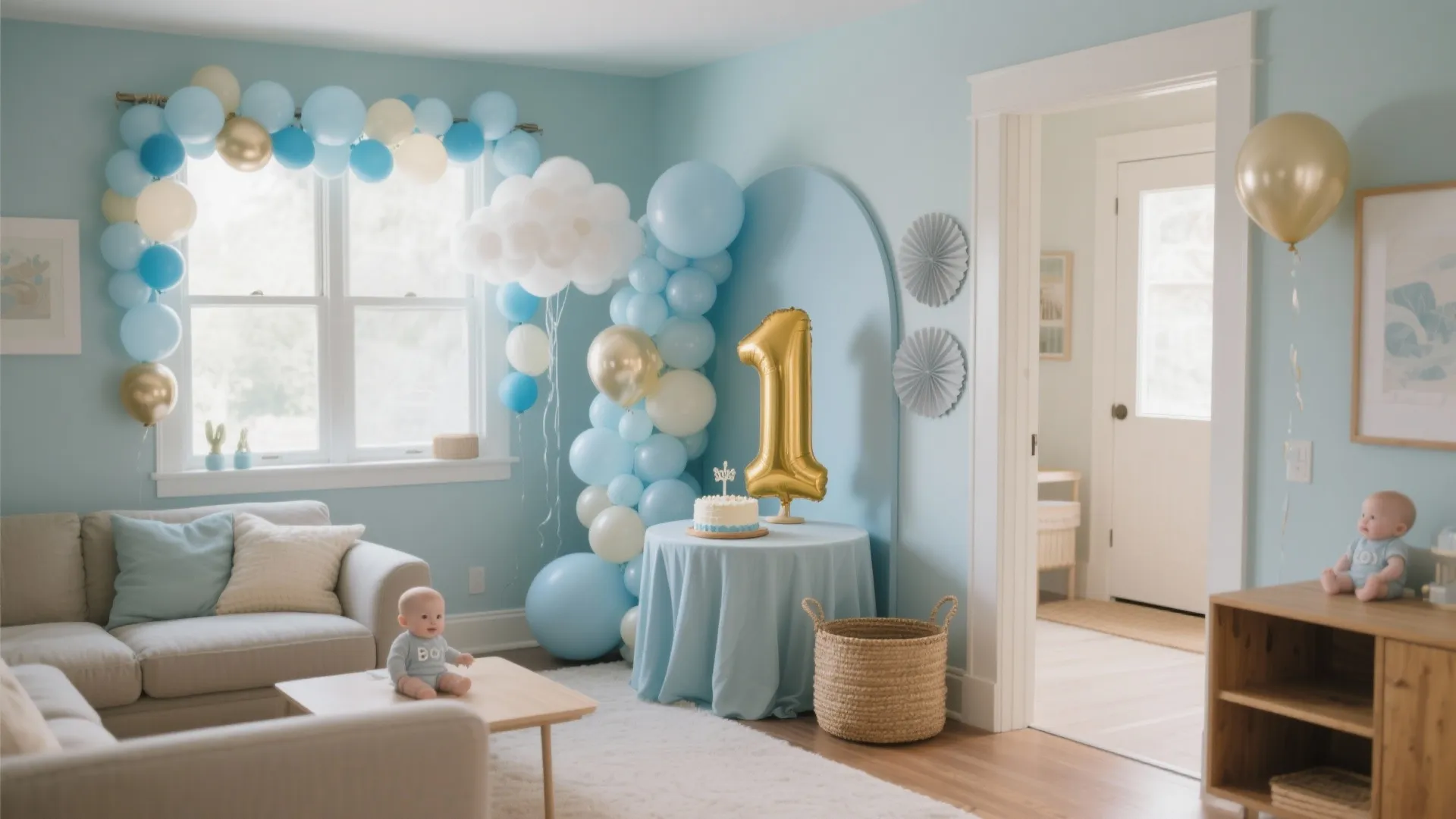 Living room decorated for first birthday with blue balloons gold number one and birthday cake