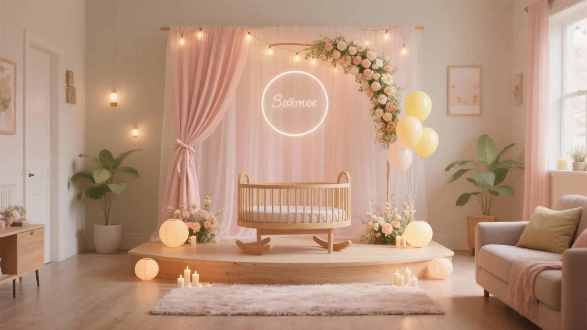 Wooden baby cradle on a platform with pink curtains flowers balloons and soft warm lighting