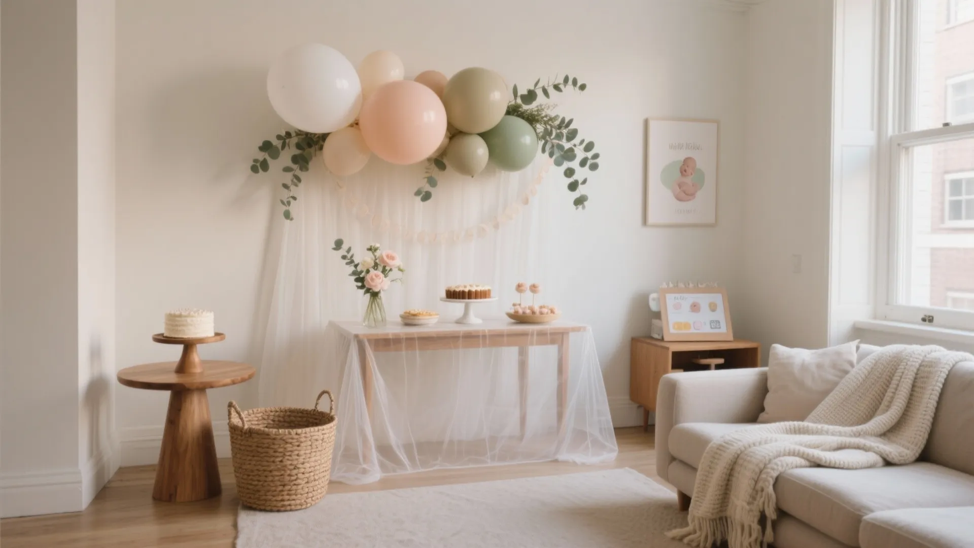 Living room party setup with balloons over a dessert table featuring cake and floral vase