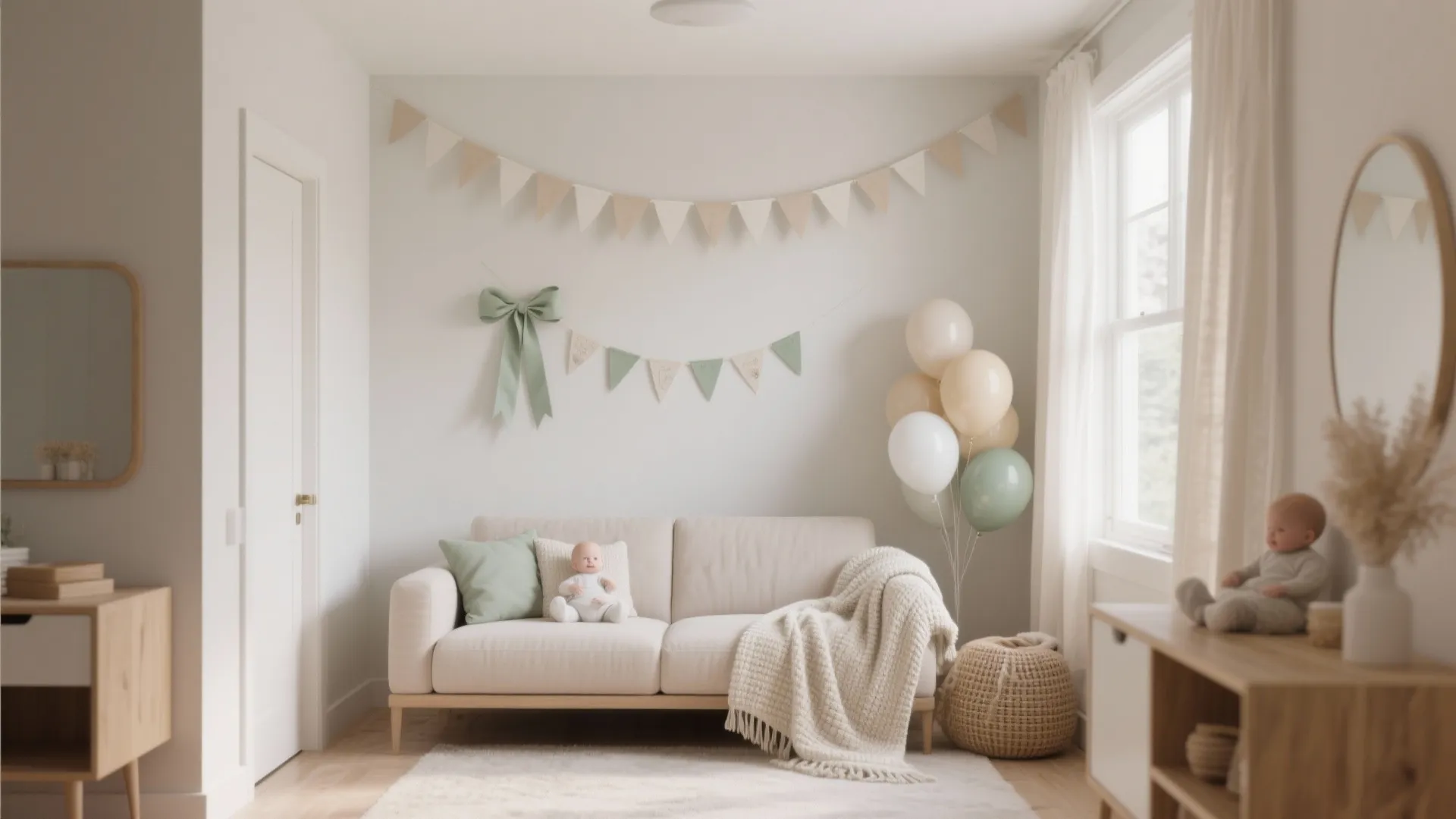 Bright nursery room with cream sofa, balloons, wall banners, and wooden furniture for a baby