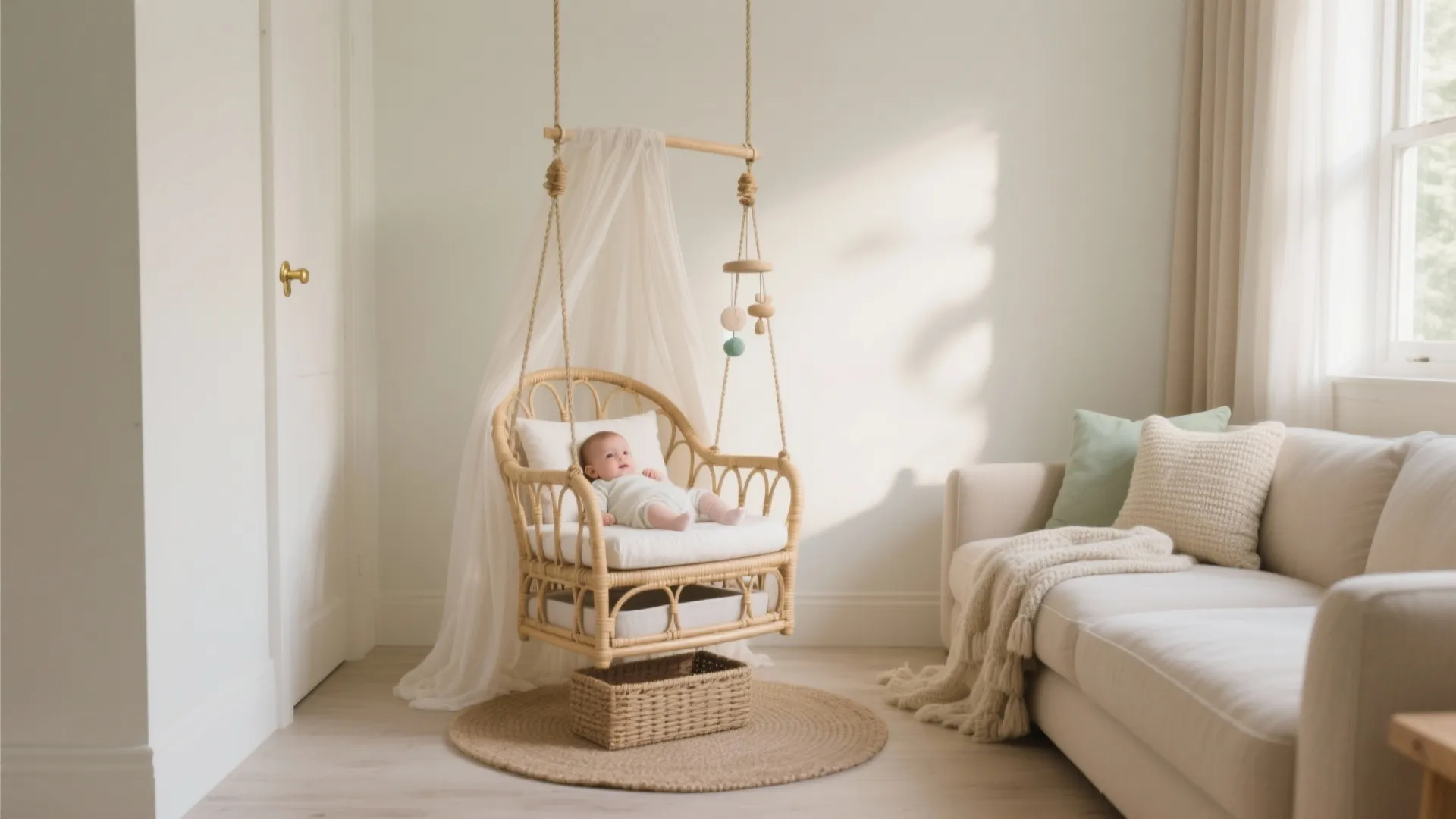 Baby lying in a hanging rattan chair with white cushions next to a beige sofa