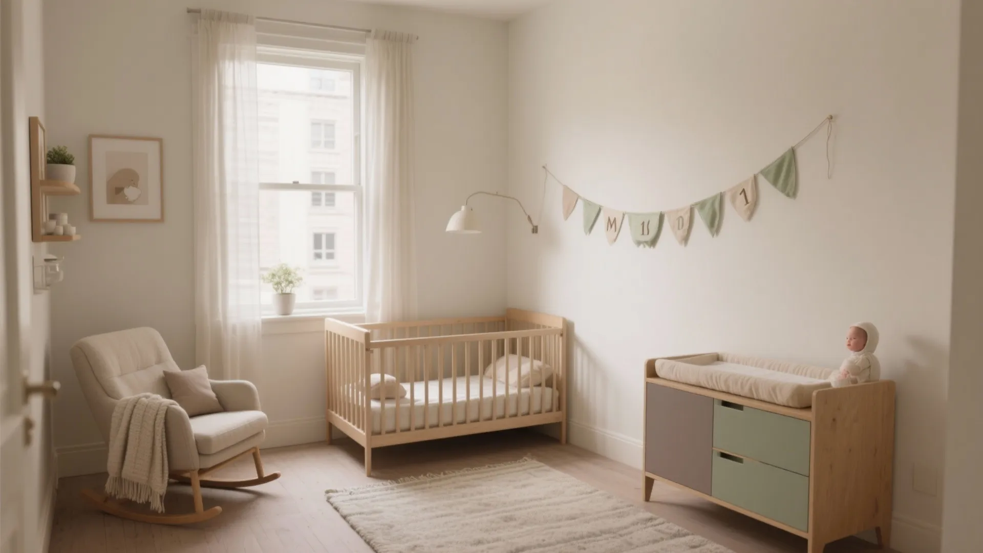 Neutral nursery room with wooden crib rocking chair wall light window curtains and colorful hanging banner