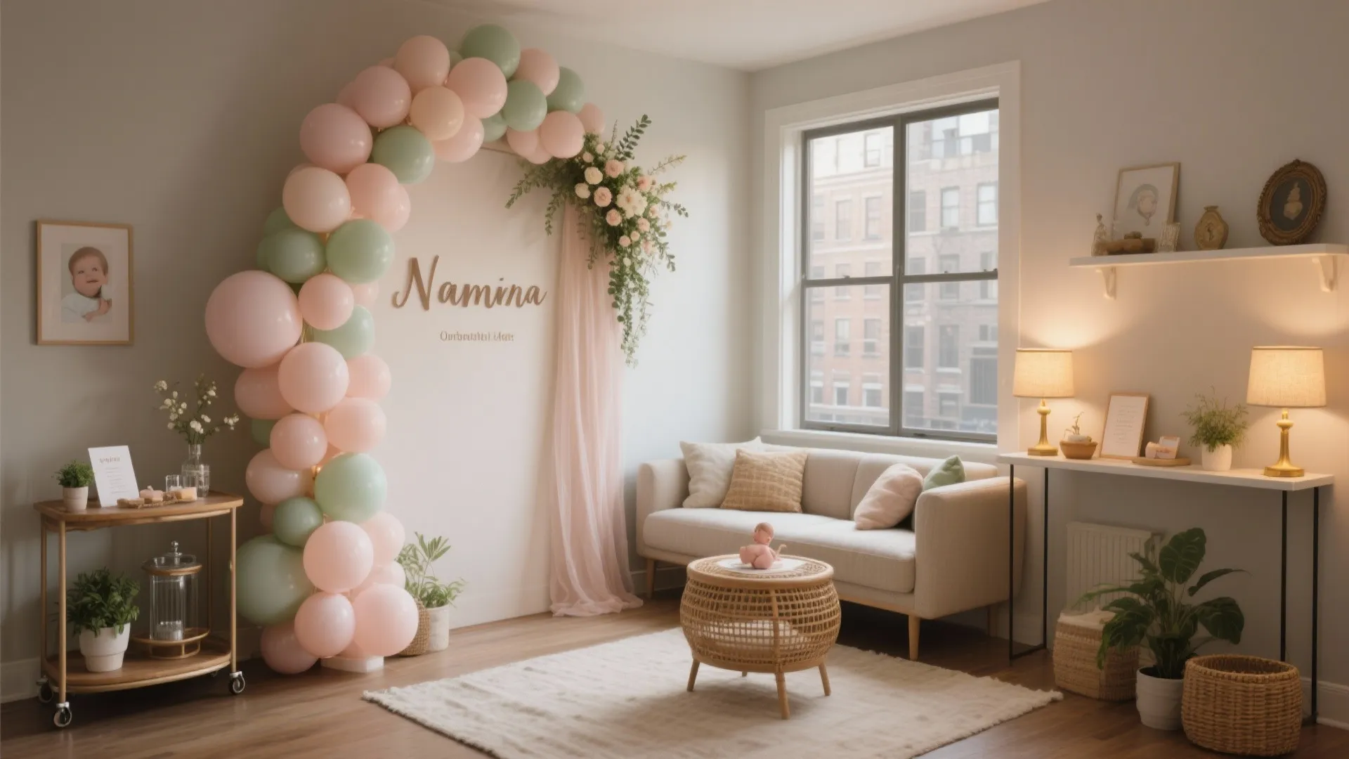 Living room decorated for baby party with balloon arch name sign sofa and small table lamps