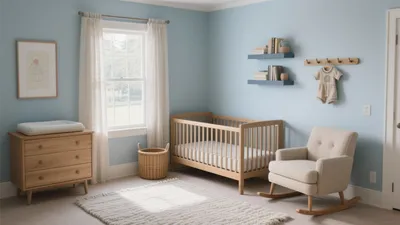 Serene Blue Nursery with Wooden Furniture