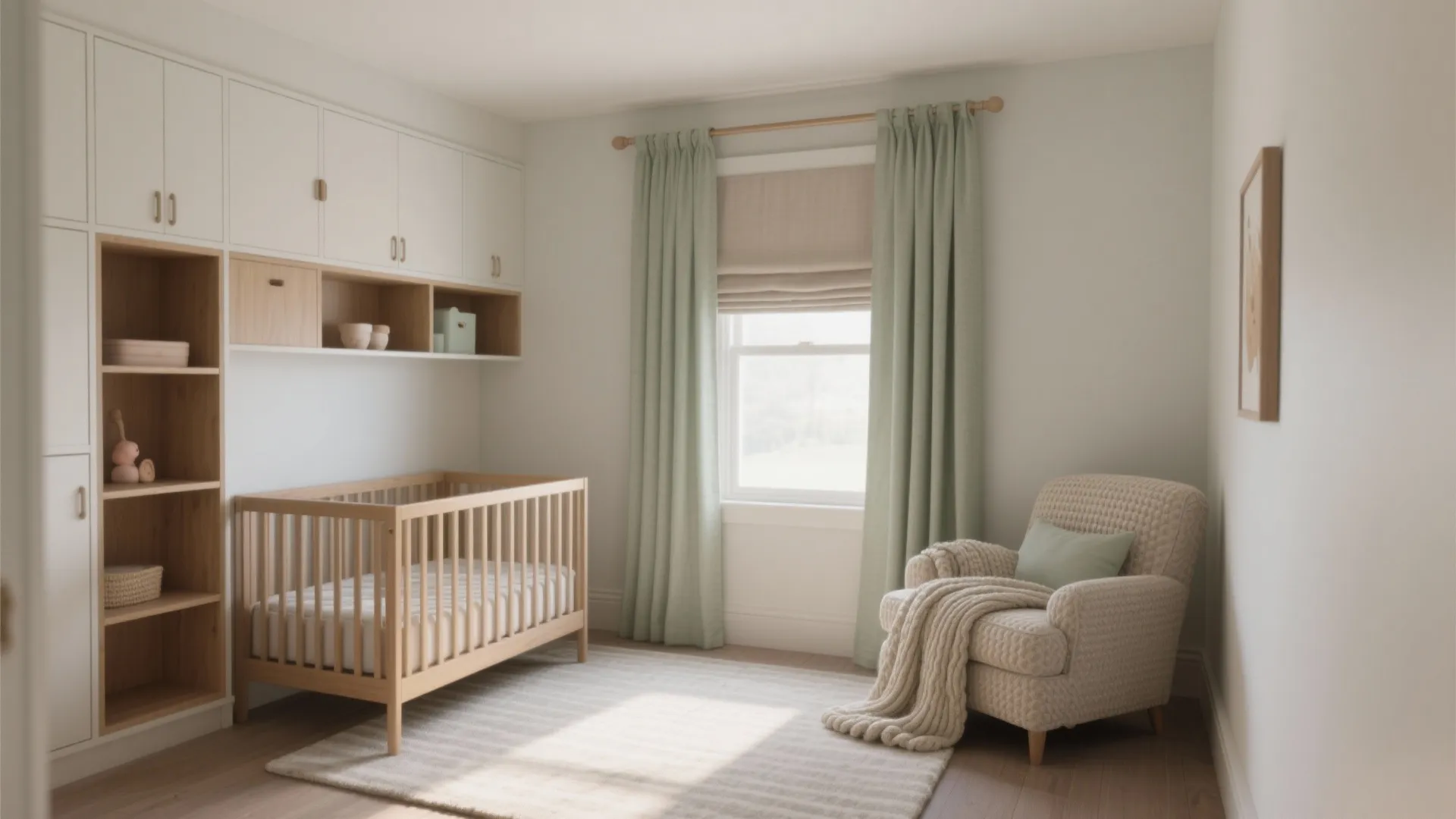 Modern baby nursery with wooden crib white wall cabinets green curtains and soft beige armchair