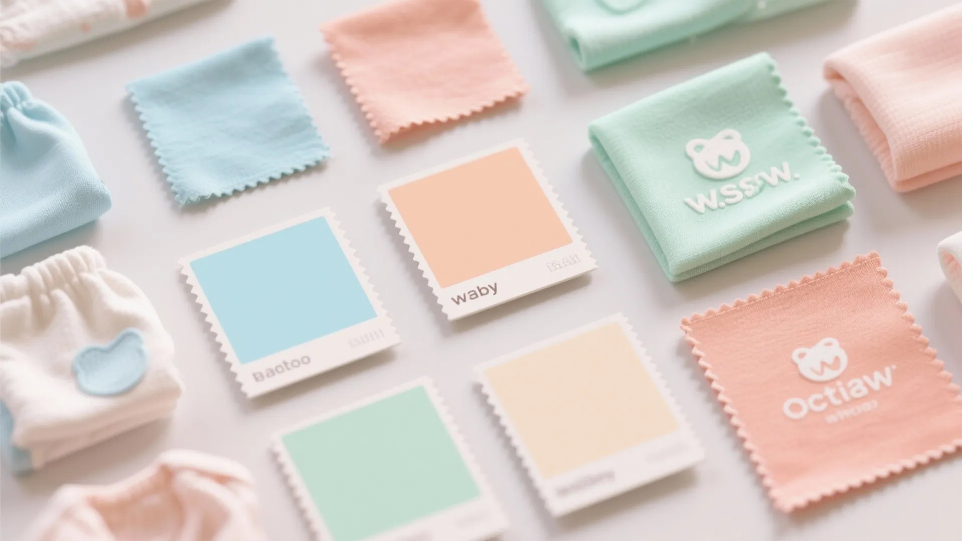 Pastel color swatches and fabric samples in soft blue pink orange and mint green tones