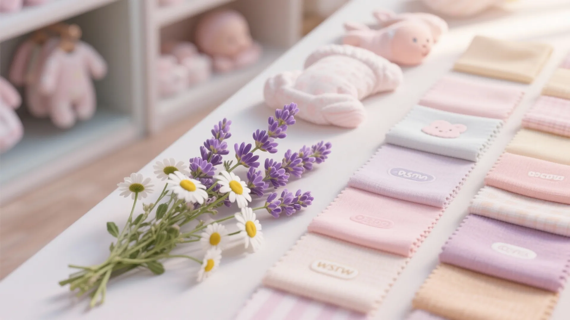 Small bouquet of white daisies and purple lavender beside pastel fabric swatches on white table